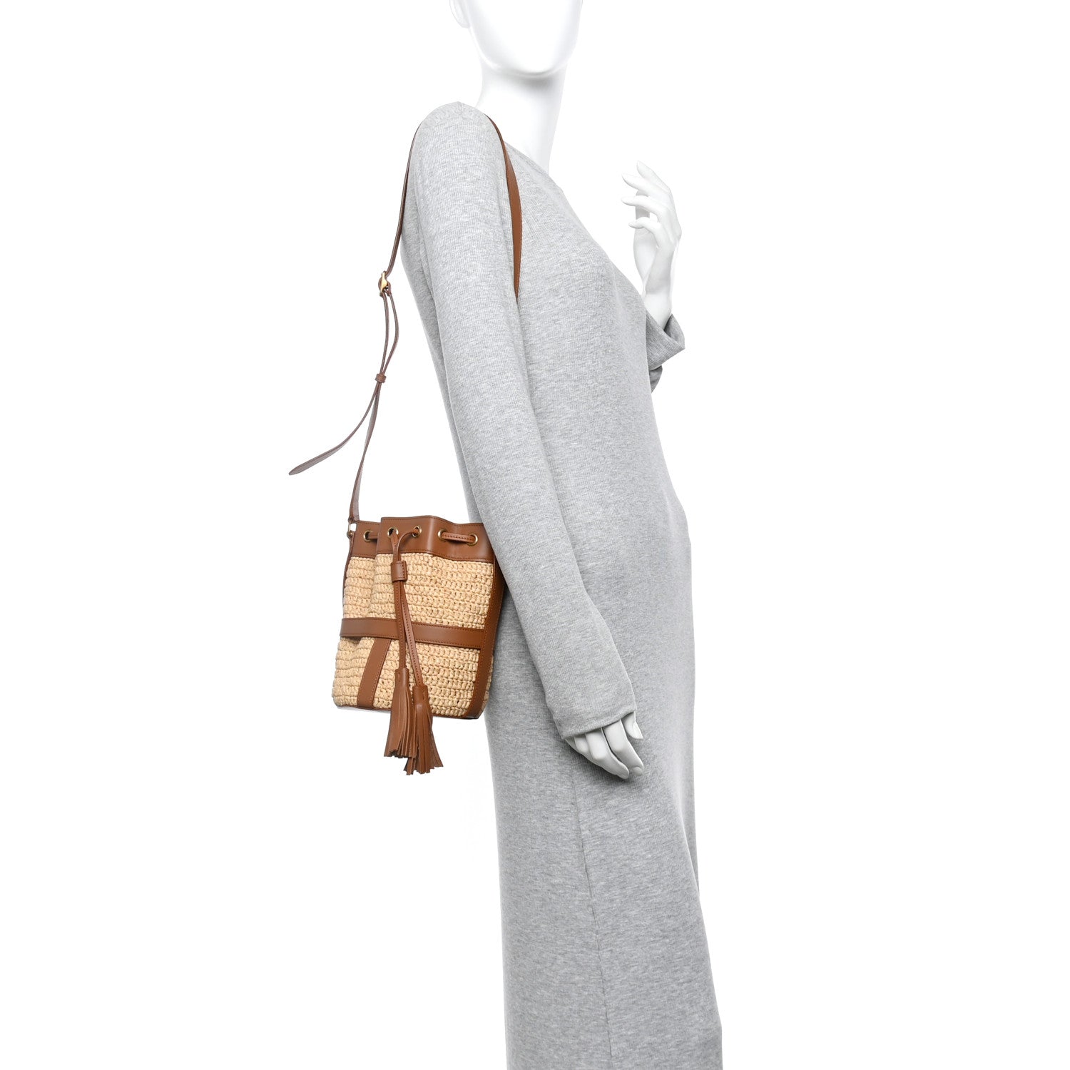 Raffia Calfskin Seau Bucket Naturel Brick