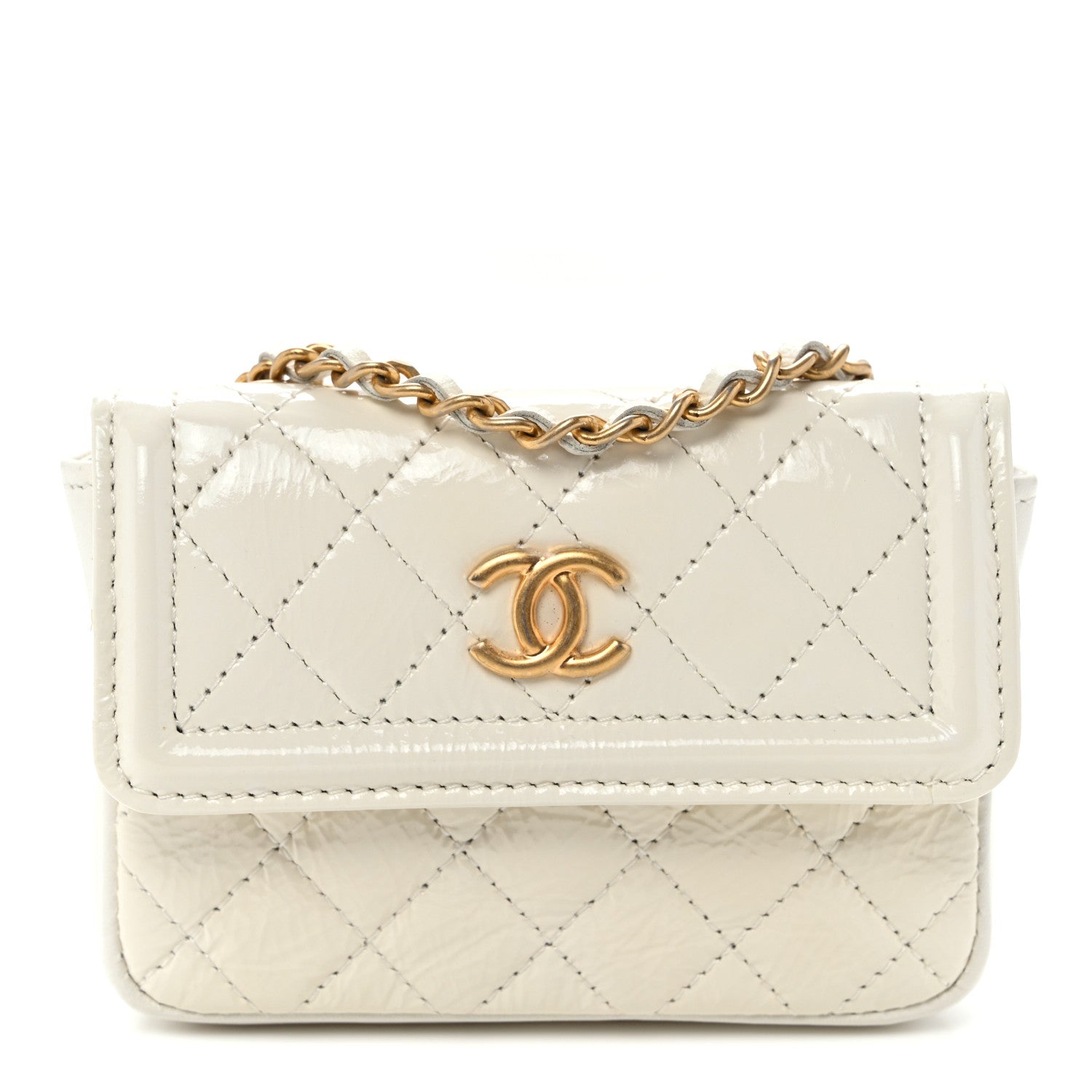 Shiny Aged Calfskin Quilted Waist Belt Bag White