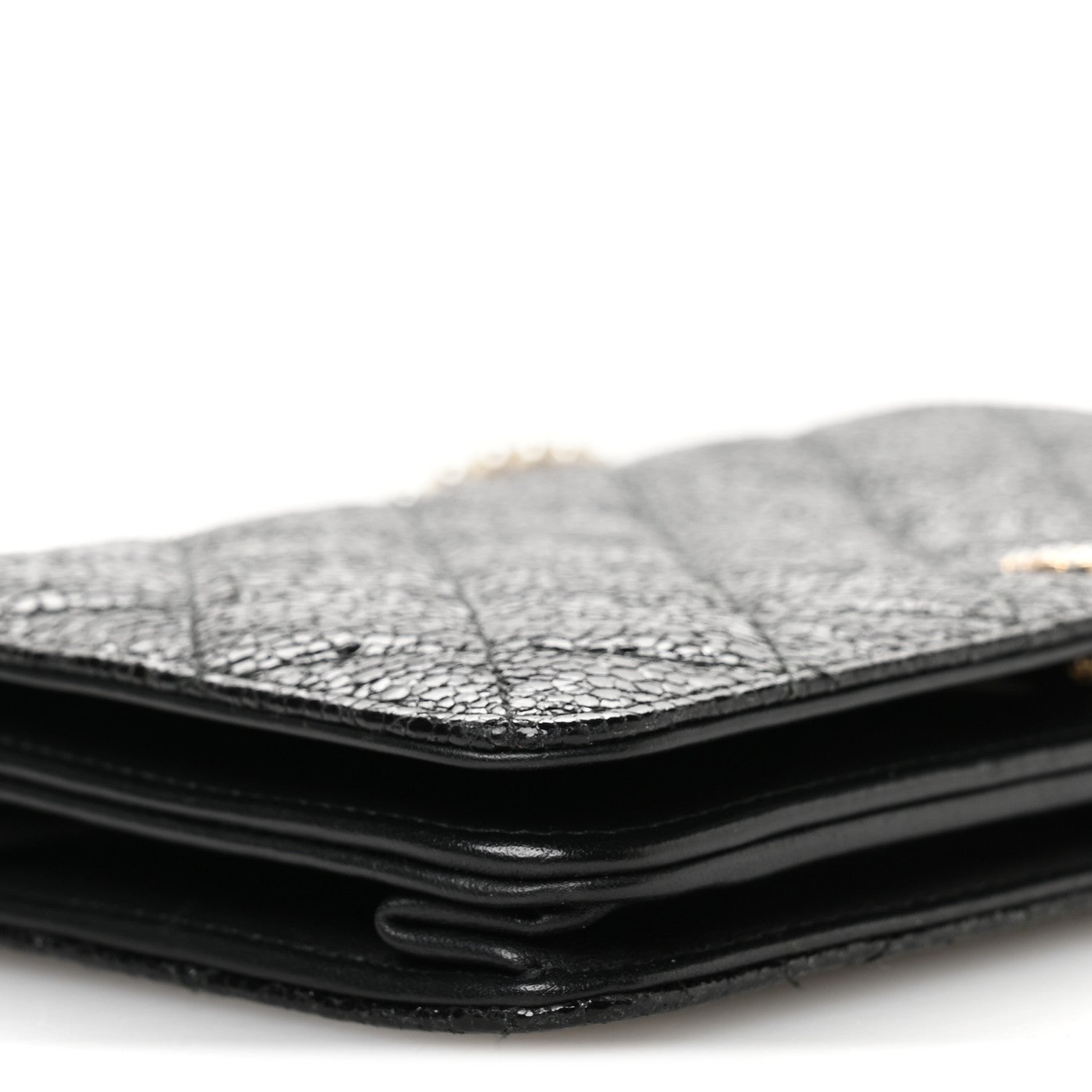 Crackled Patent Calfskin Quilted Pearl Wallet On Chain WOC Black