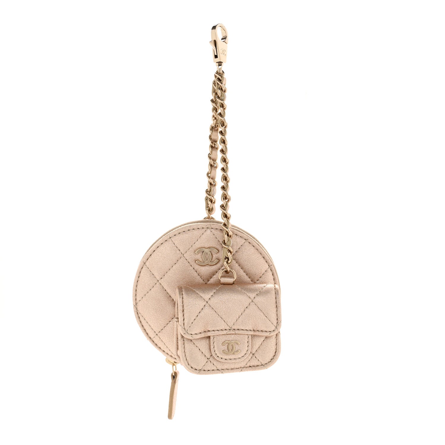 Metallic Lambskin Quilted Round Clip On Coin Purse Airpods Case Gold