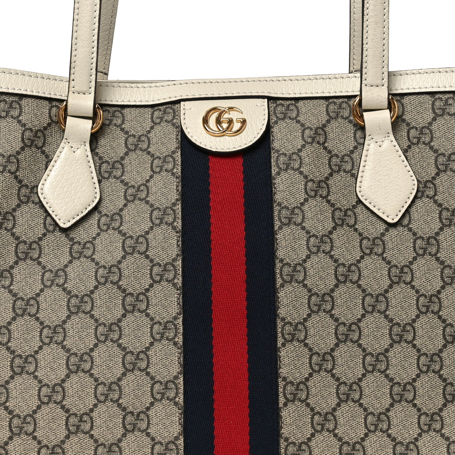 GG Supreme Monogram Textured Dollar Calfskin Web Medium Ophidia Shopping Tote Beige Ebony Mystic White