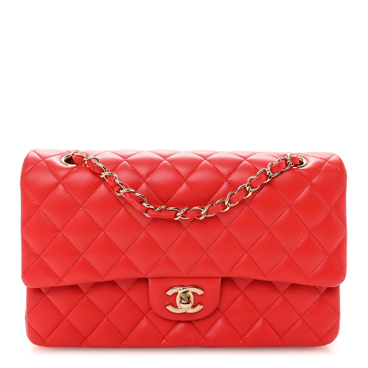 Lambskin Quilted Medium Double Flap Red