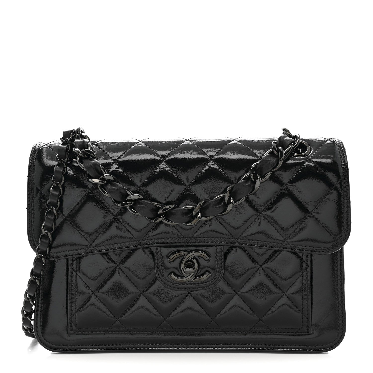 Shiny Crumpled Calfskin Quilted Large Double You Flap So Black