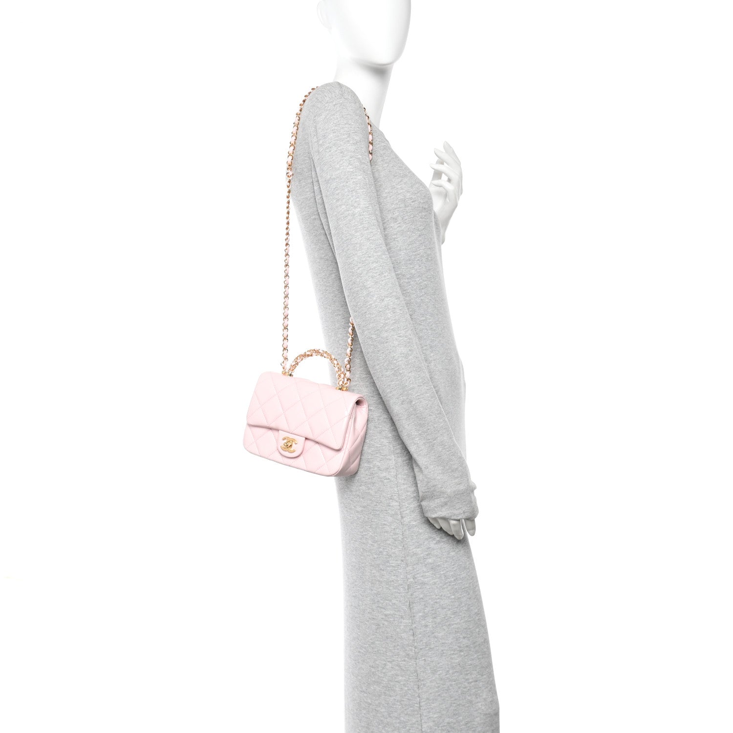 Shiny Lambskin Quilted Mini Twisted Links Top Handle Flap Light Pink