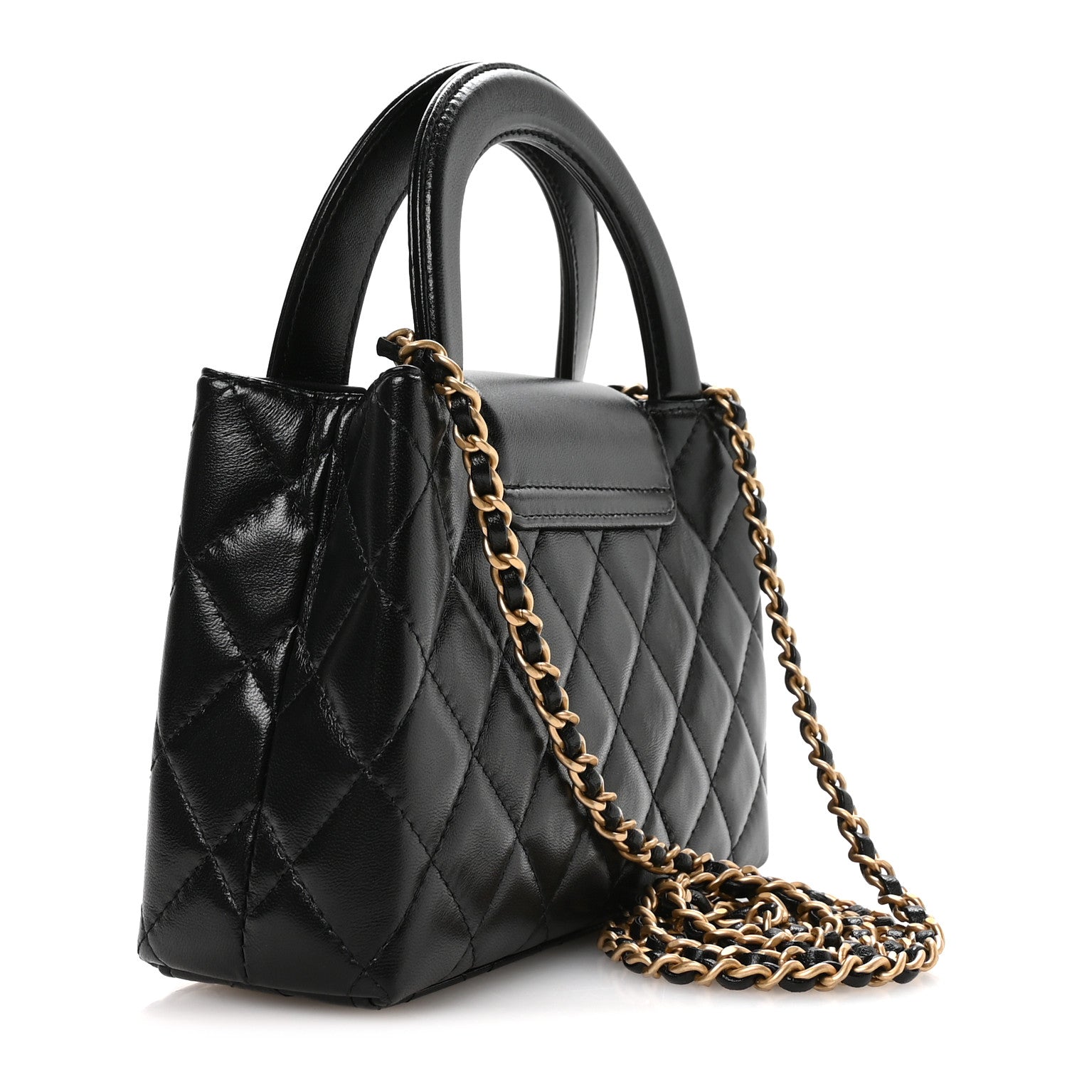 Shiny Aged Calfskin Quilted Nano Kelly Shopper Black