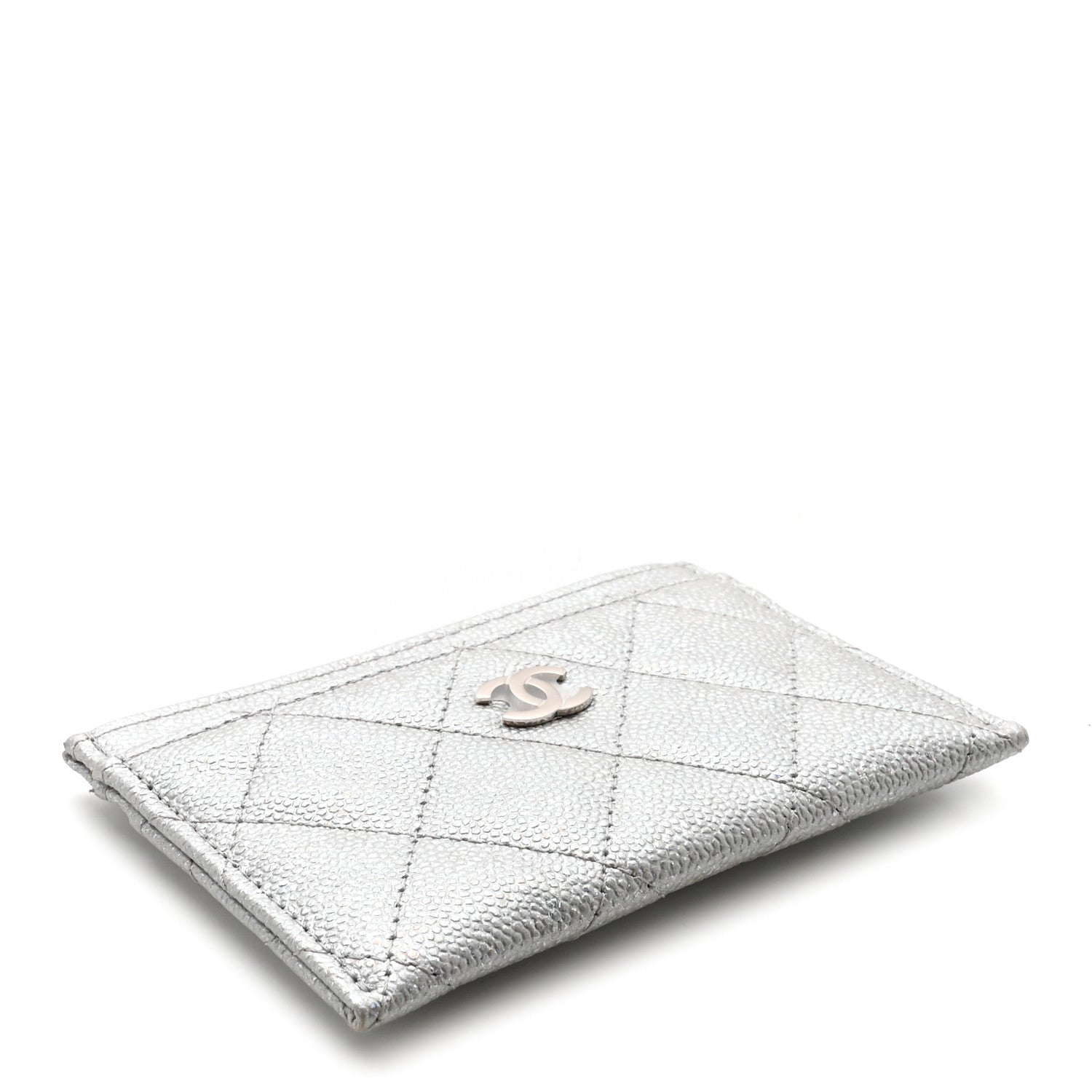 Glittered Metallic Caviar Quilted Card Holder Silver