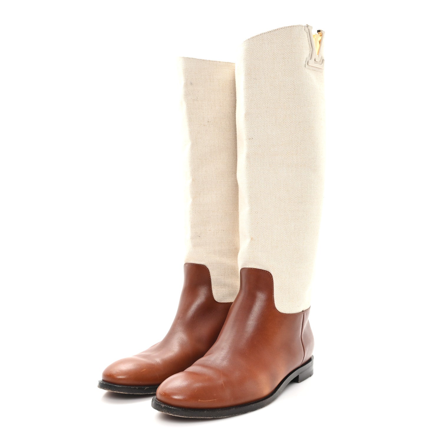 Canvas Calfskin Heritage Flat High Boots 38 Beige Brown