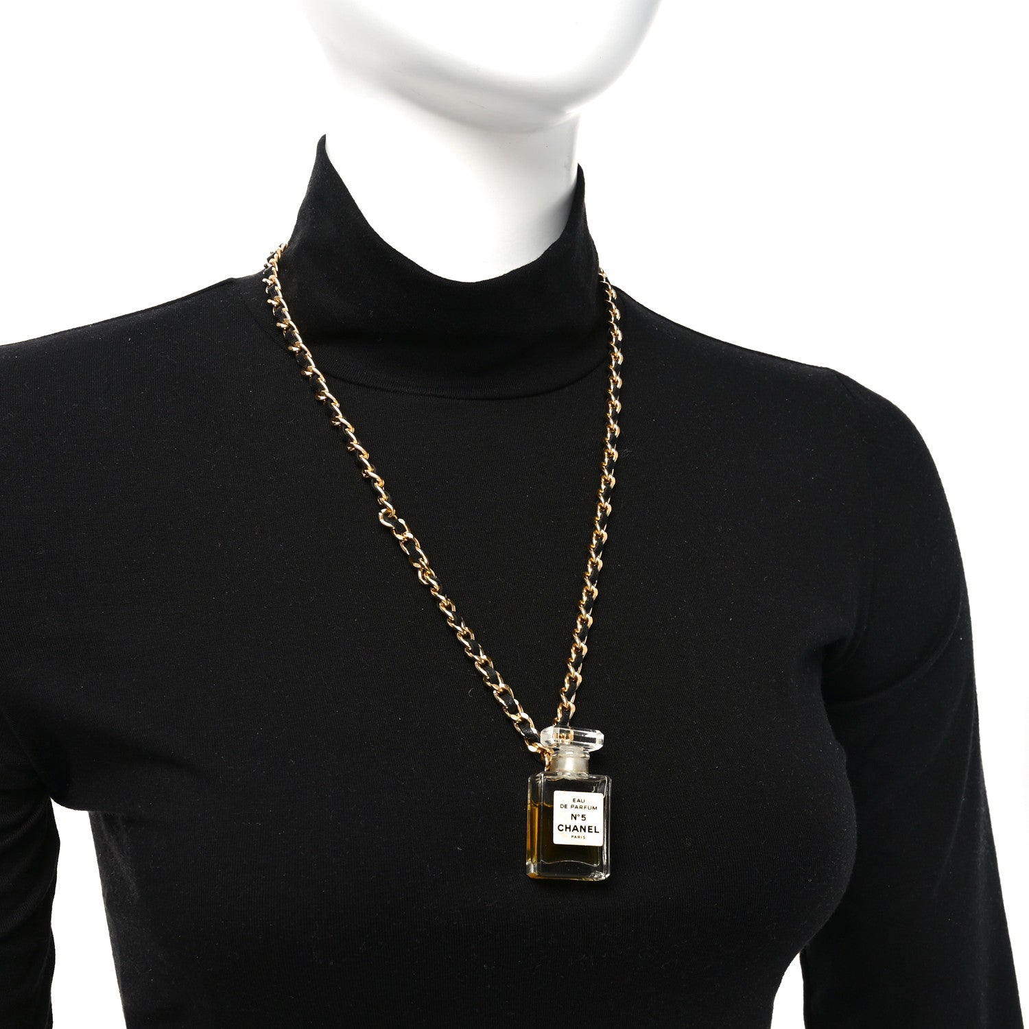 Metal Lambskin Resin CC No 5 Perfume Bottle Necklace Gold Black