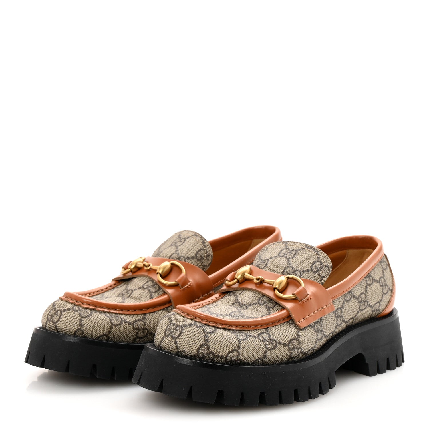 GG Supreme Monogram Cordovan Lux Womens Harald Horsebit 25mm Platform Loafers 36.5 Beige Ebony