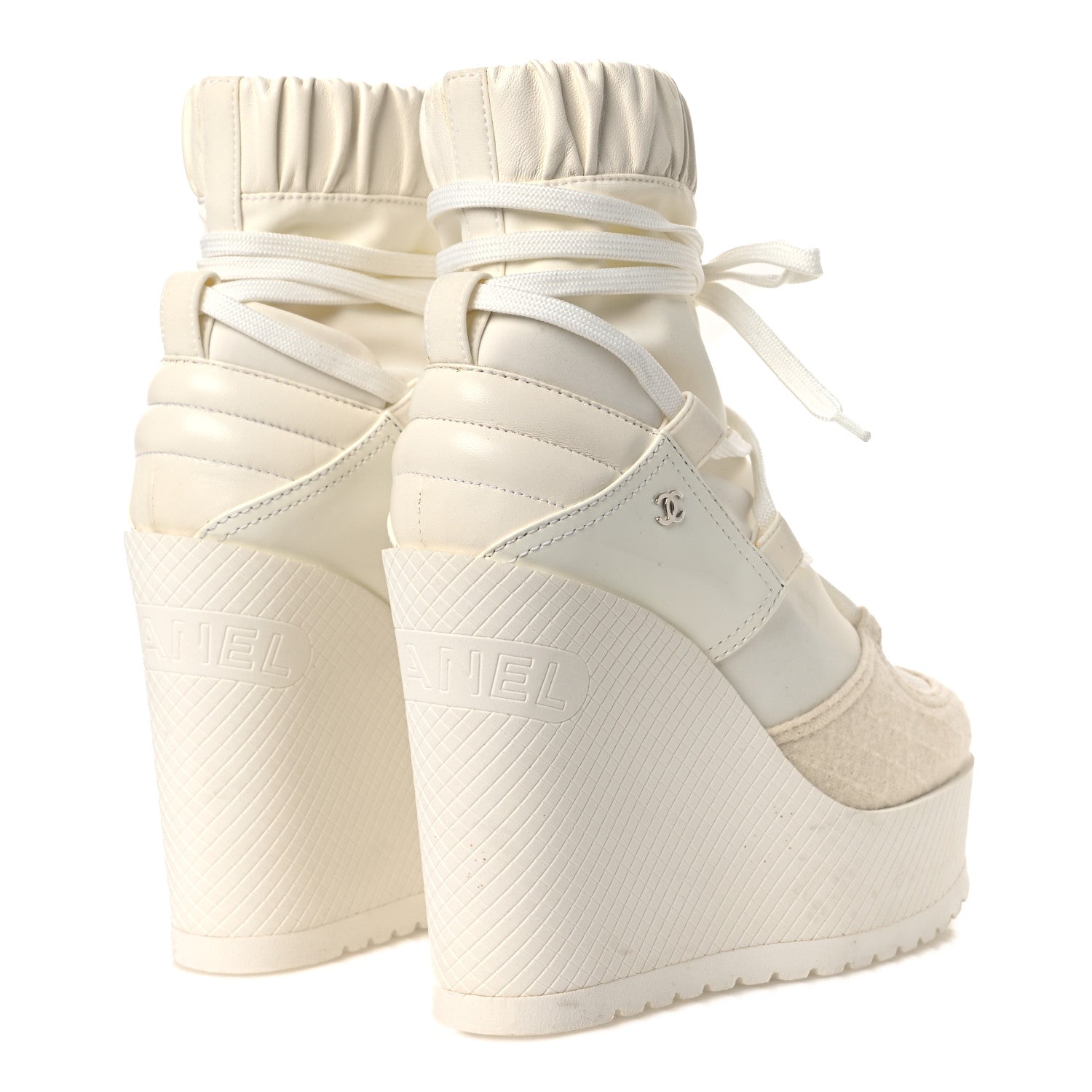 Tweed Patent Calfskin Runway Wedge Short Platform Boots 38 White Ivory