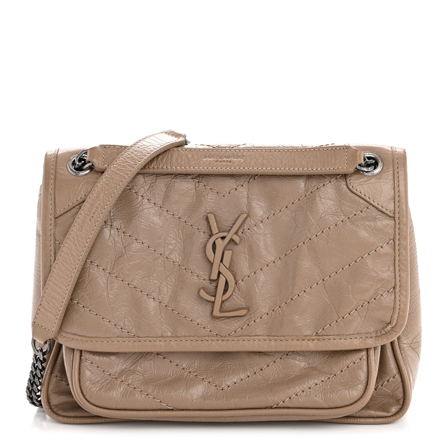 Crinkled Calfskin Matelasse Monogram Baby Niki Chain Satchel Light Taupe