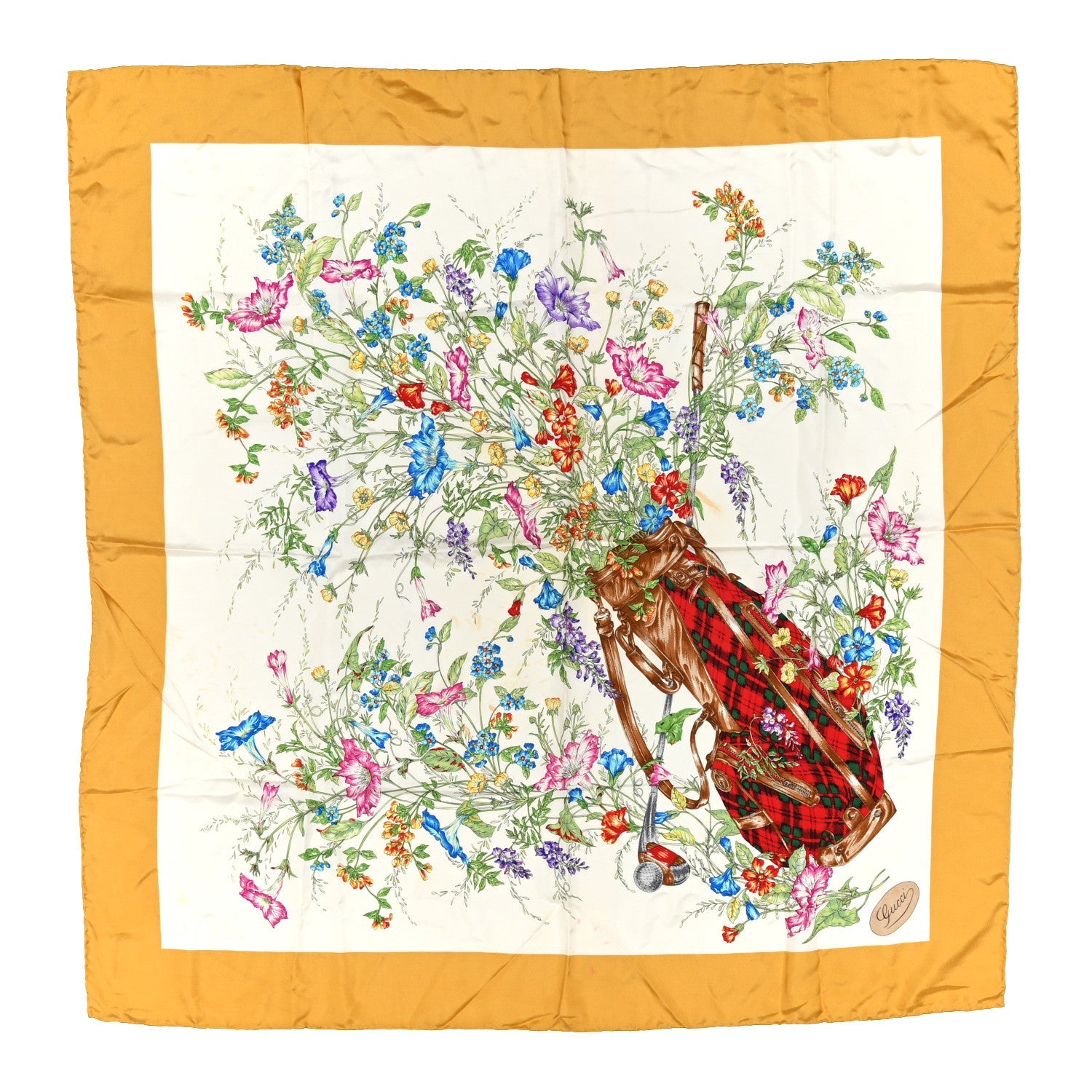 Silk Floral Print Square Scarf Yellow Multicolor