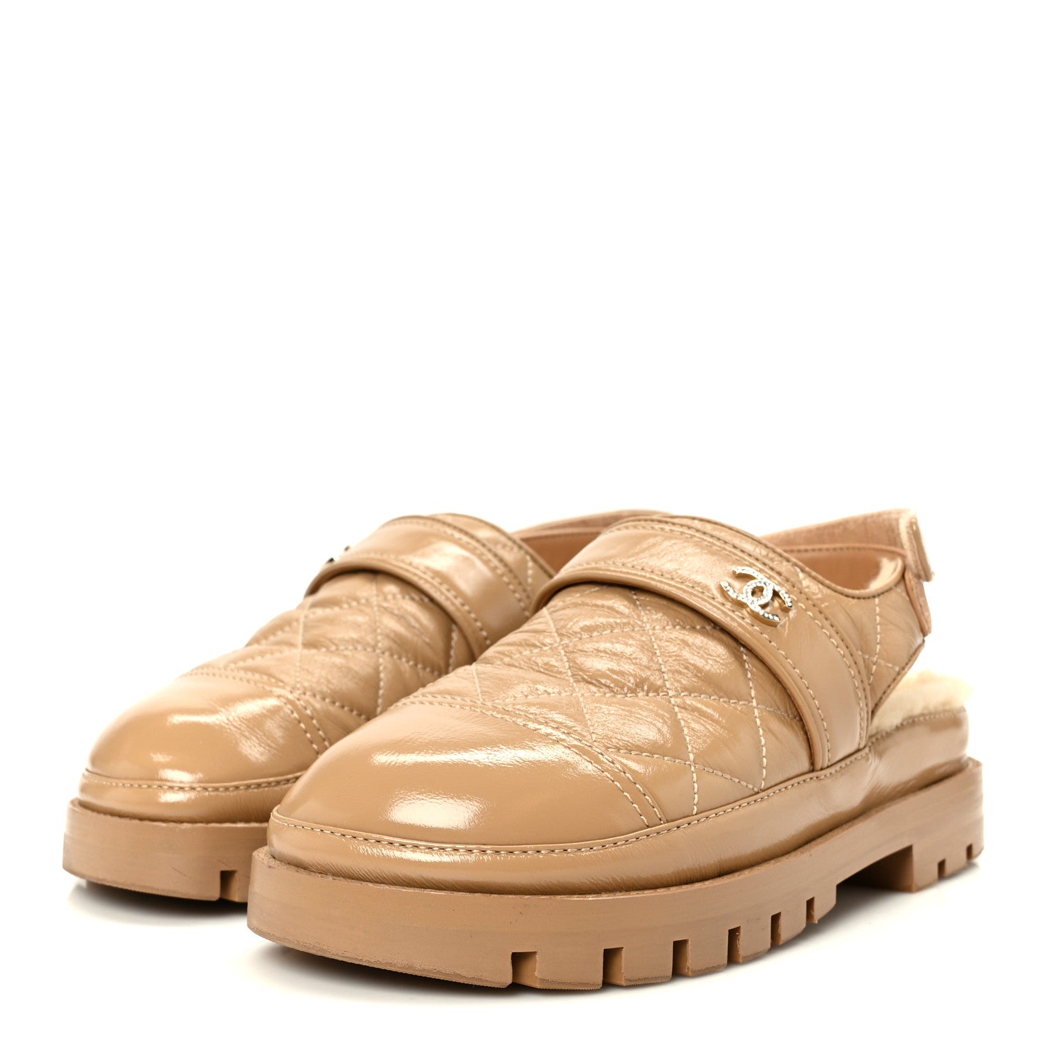 Crumpled Shiny Lambskin Shearling Quilted CC Slingback Mule Sandals 37 Dark Beige