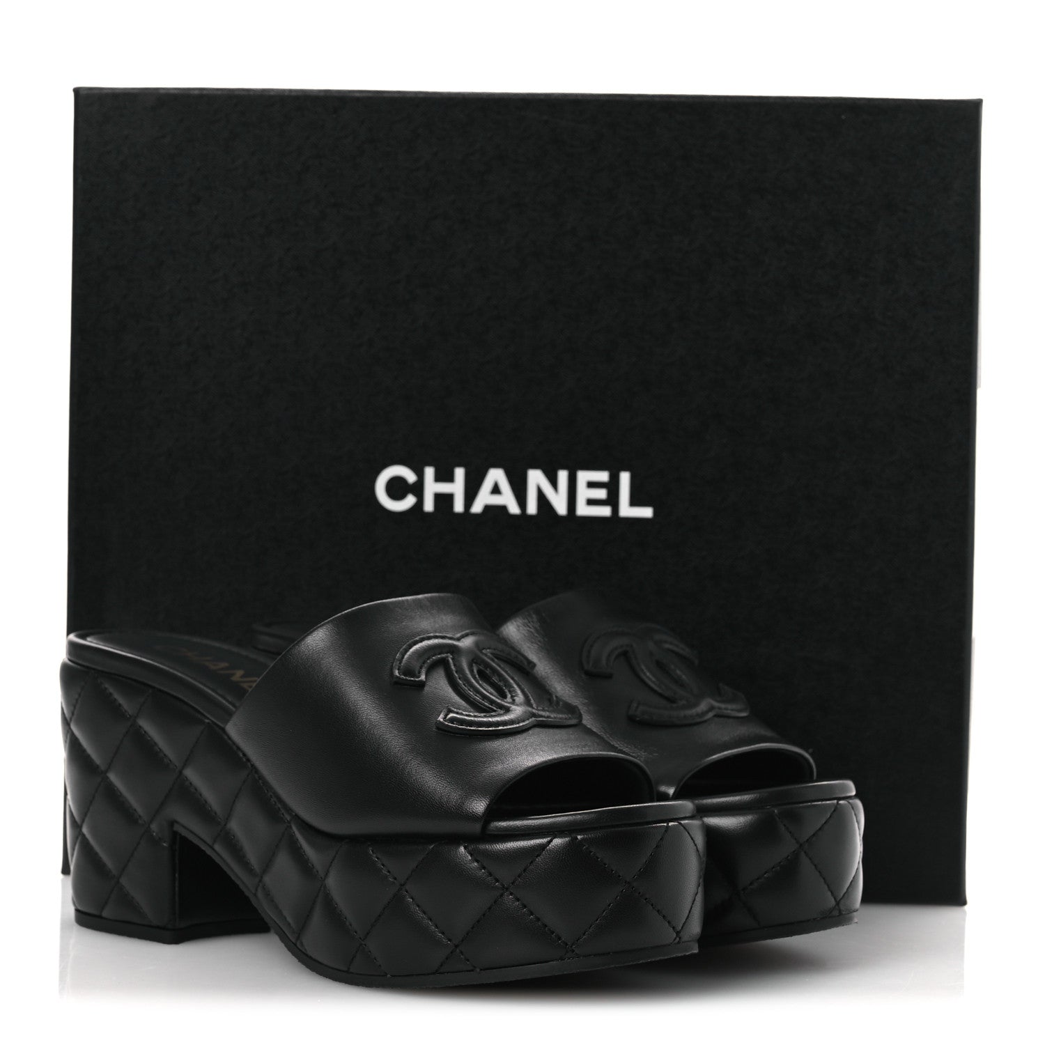 Lambskin Quilted CC Platform Mules 39 Black