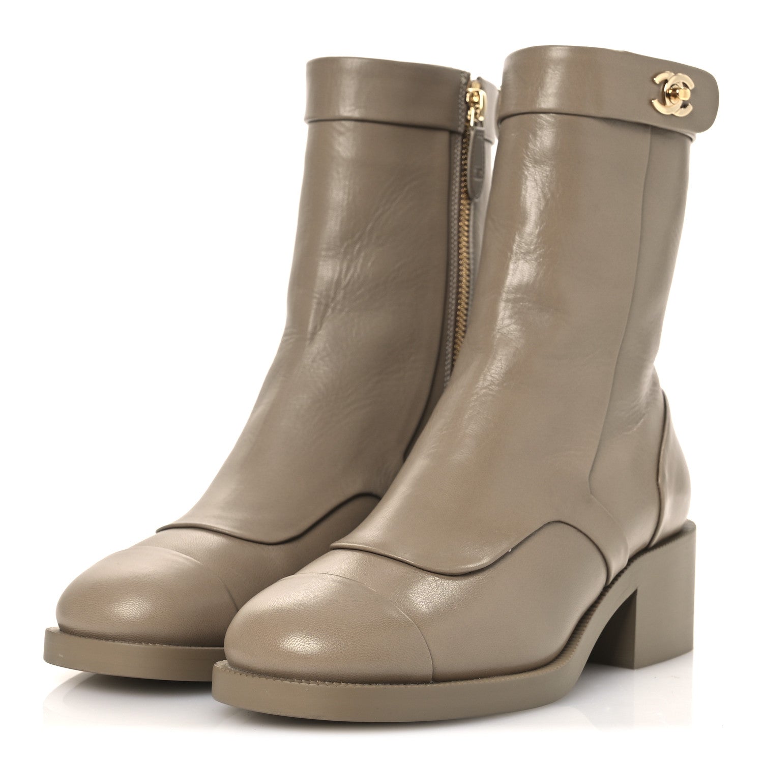 Shiny Goatskin Cap Toe Short Boots 37.5 Beige