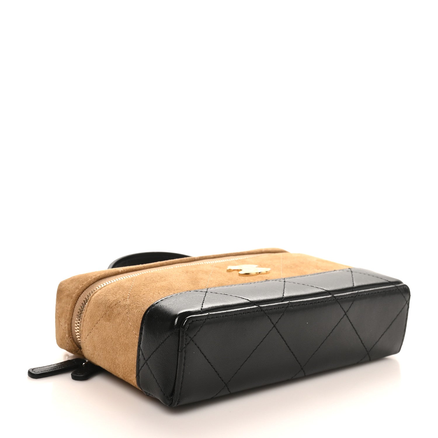 Suede Calfskin Shiny Lambskin Quilted Top Handle Slim Vanity Case With Chain Beige Black