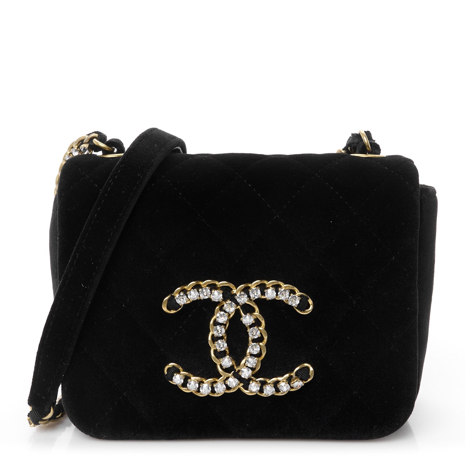 Velvet Quilted Crystal CC Mini Flap Black