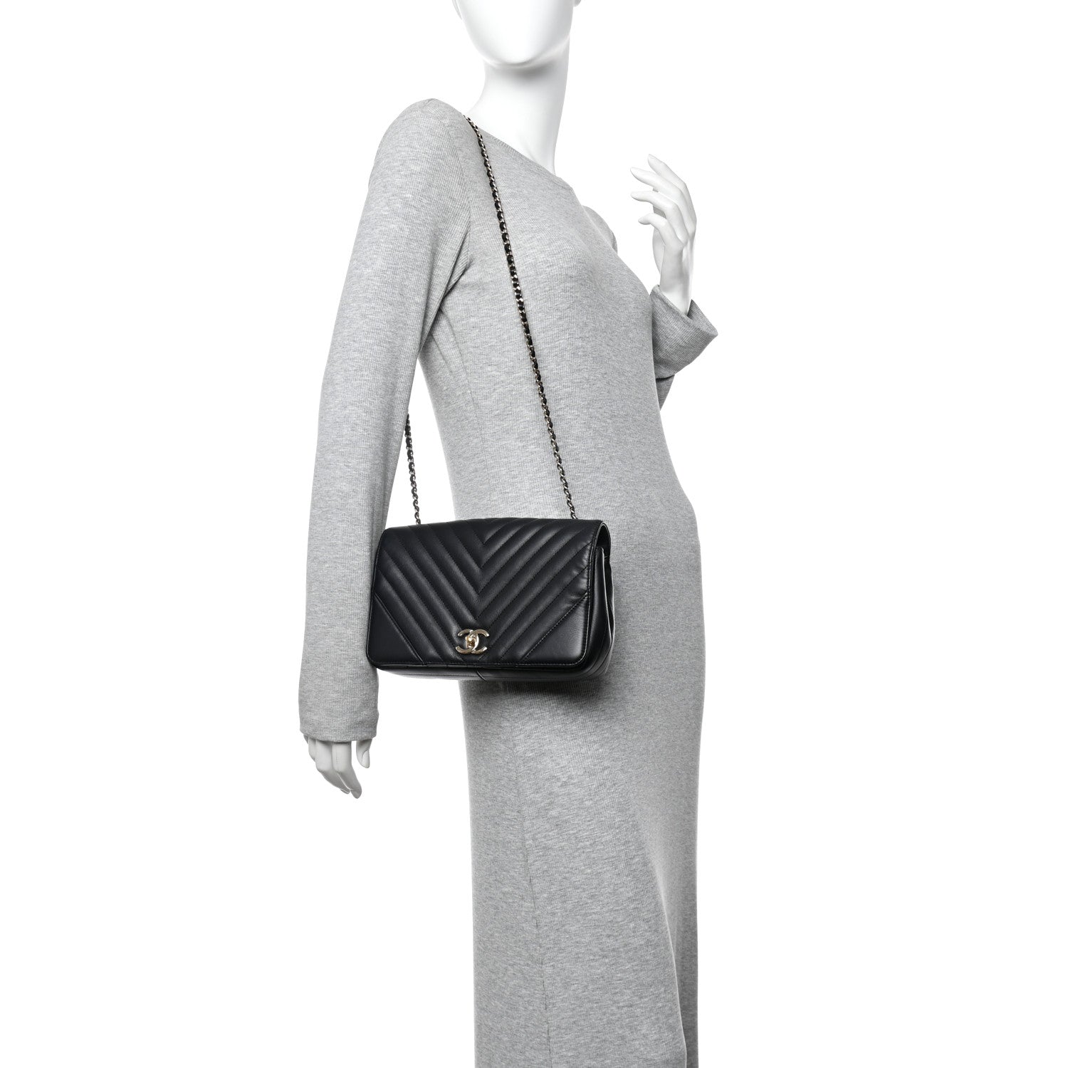 Calfskin Chevron Quilted Small Statement Flap Black