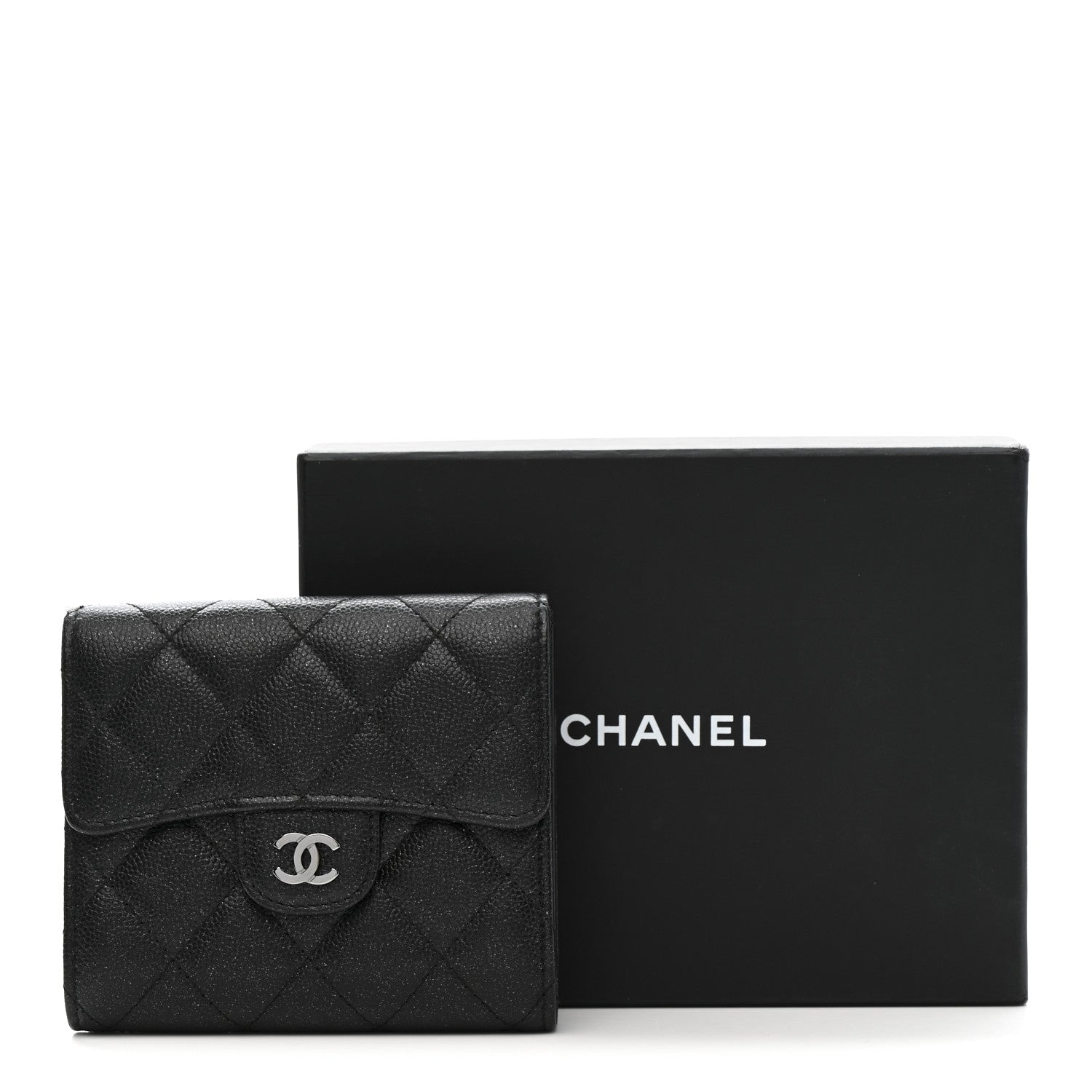 Iridescent Caviar Quilted Compact Flap Wallet Black