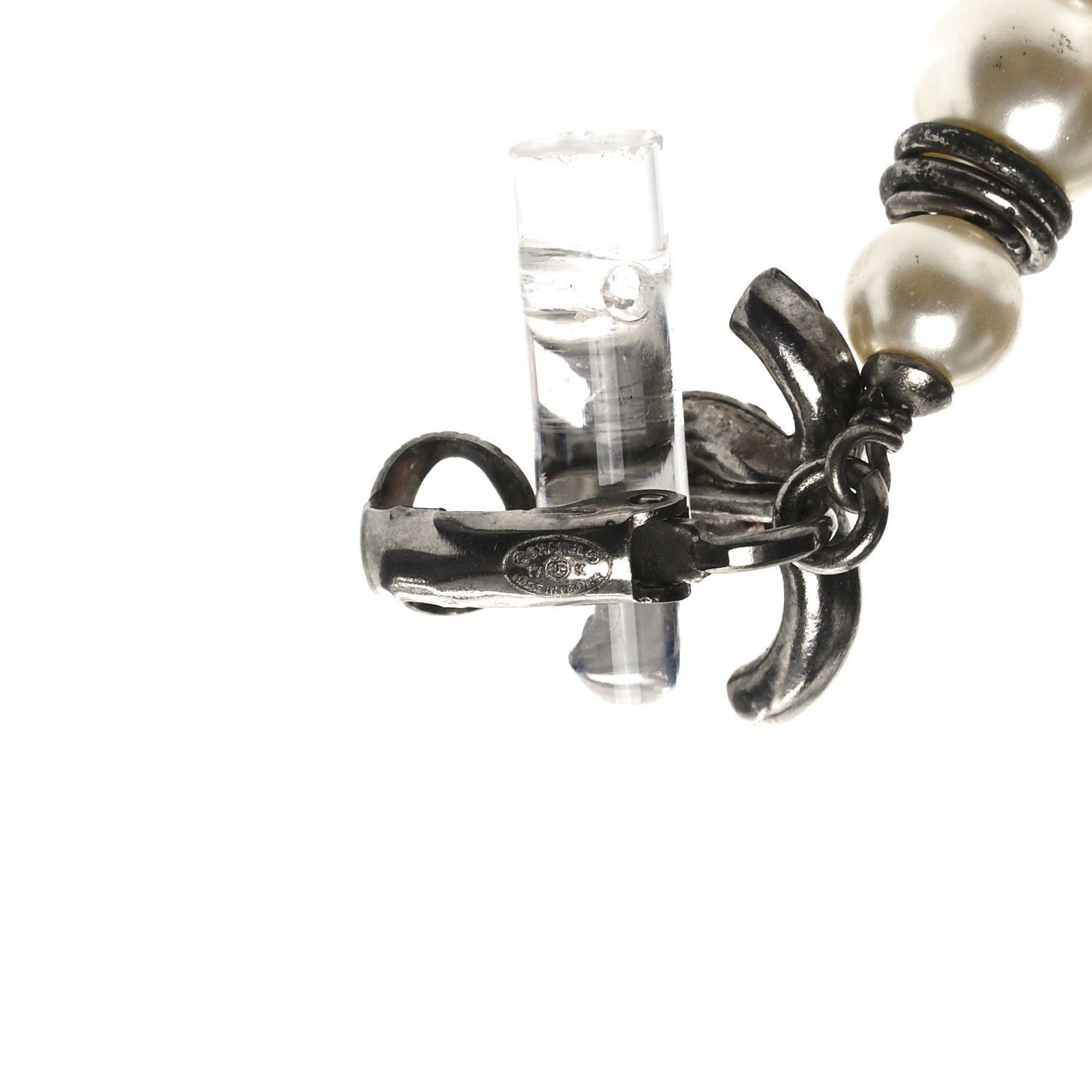 Pearl Crystal CC Chain Drop Earrings Silver