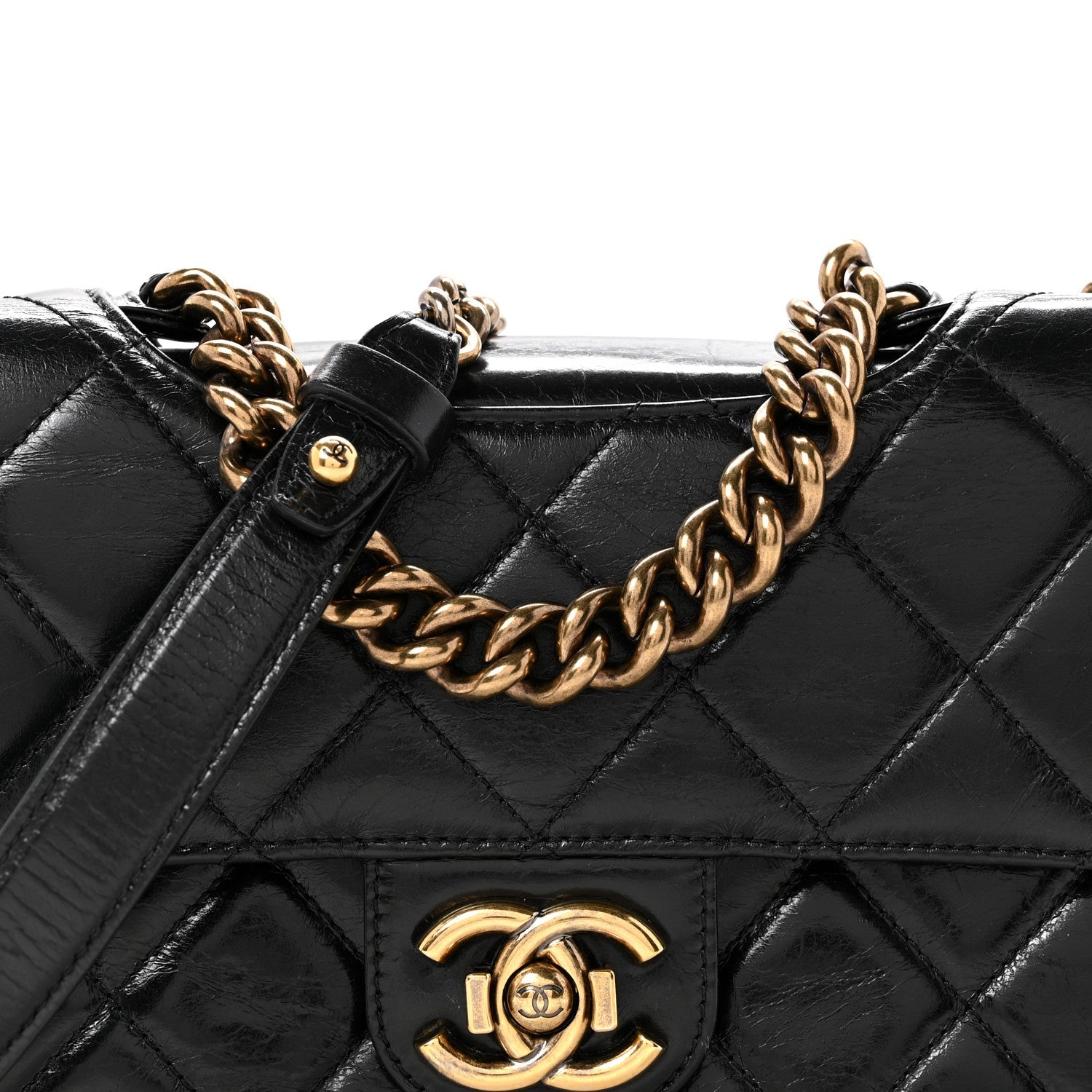 Glazed Calfskin Quilted Medium Perfect Edge Flap Black