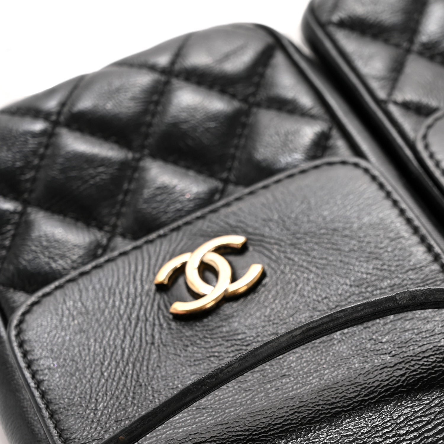 Glazed Calfskin Quilted Double Pocket Crossbody Flap Black