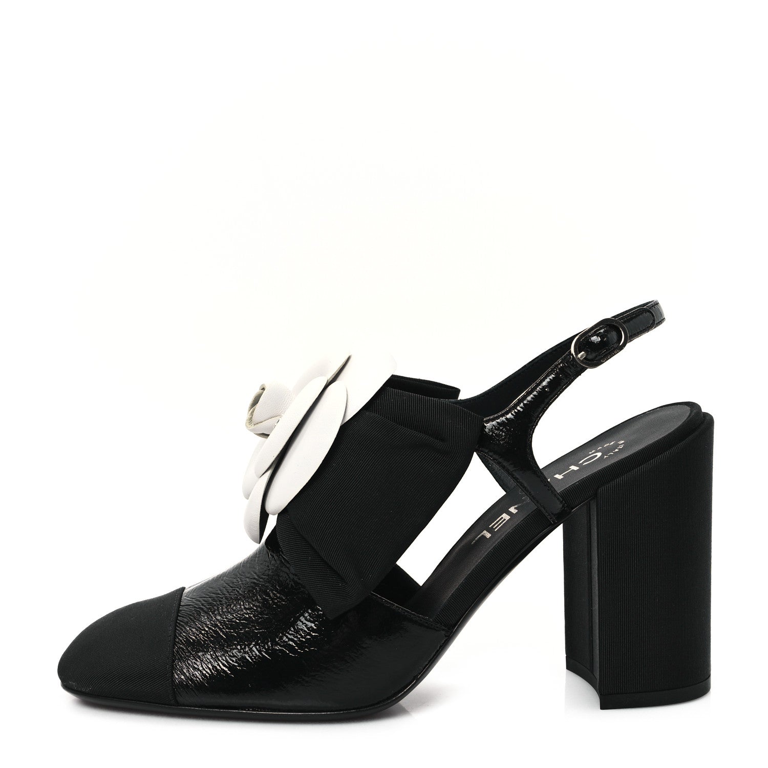 Crumpled Shiny Fabric Grosgrain Cap Toe Camellia Bow Slingback Pumps 38 Black