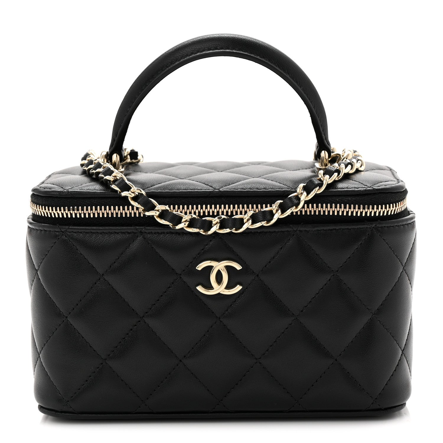Lambskin Quilted Small Top Handle Vanity Case With Chain Black