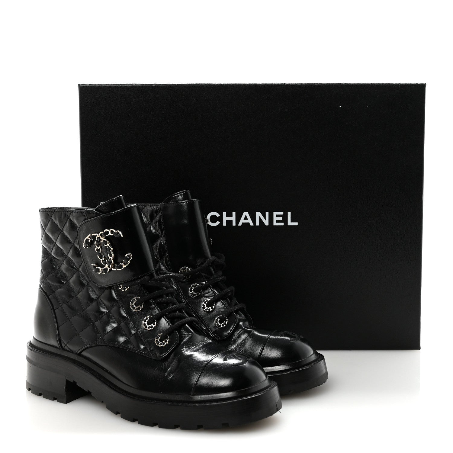 Shiny Calfskin Quilted Lace Up Combat Boots 37.5 Black
