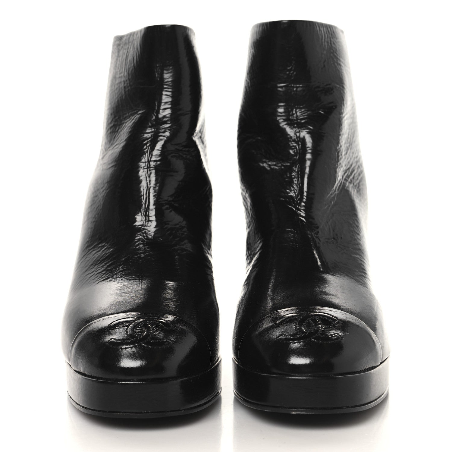 Shiny Crumpled Calfskin CC Cap Toe Ankle Boots 35.5 Black