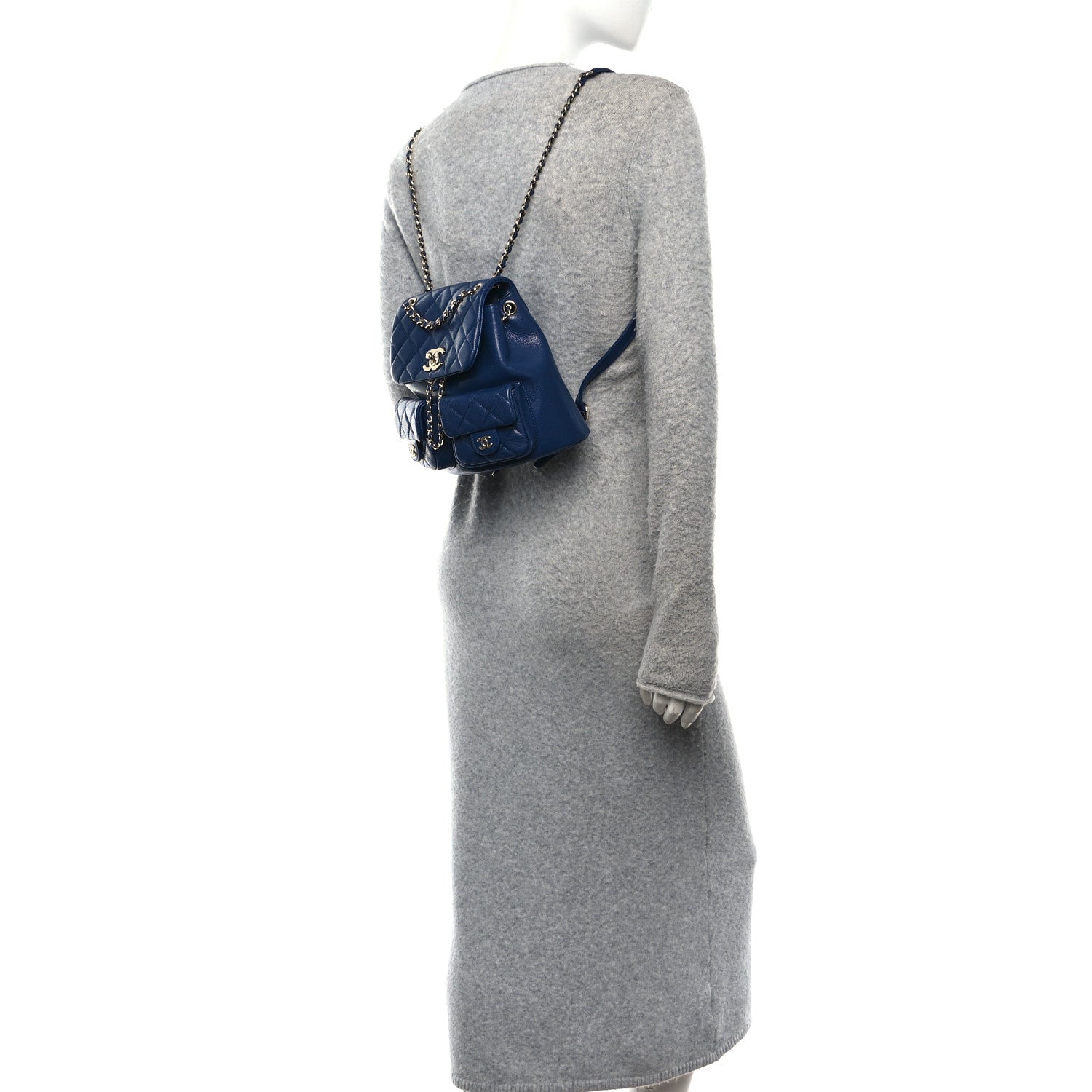 Shiny Caviar Quilted Medium Duma Pockets Drawstring Backpack Dark Blue
