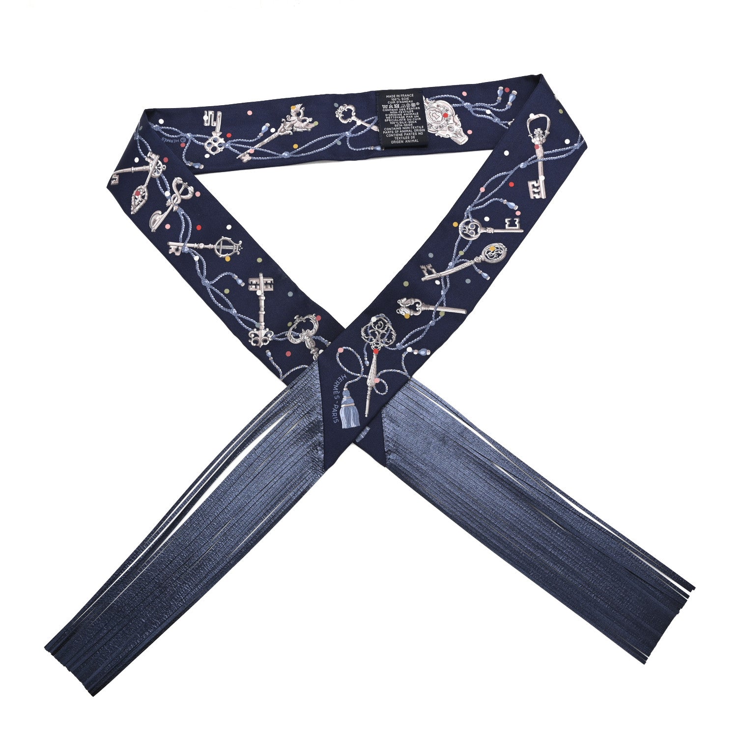 Silk Calfskin Les Cles A Pois Fringed Twilly Bleu Marine Gris Argent Multicolor