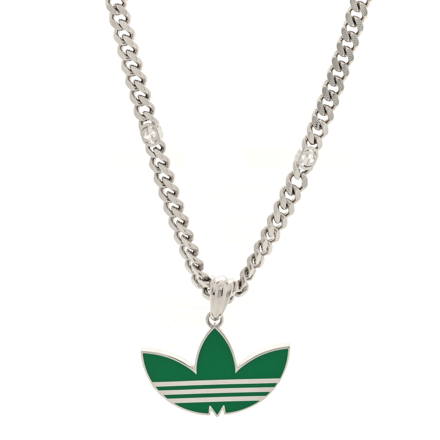 X ADIDAS Enamel Trefoil Gourmette Pendant Necklace Silver Green