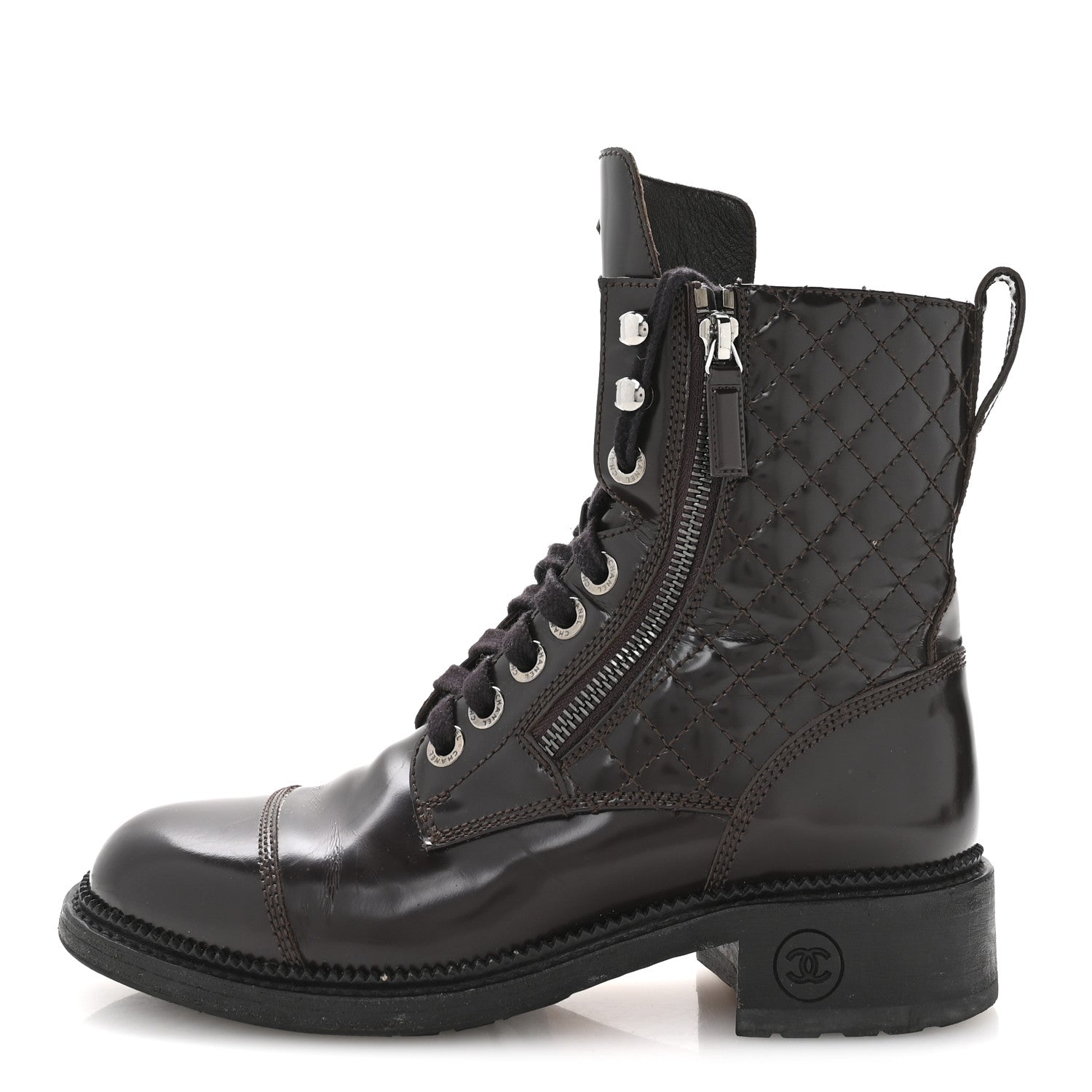 Shiny Calfskin Quilted CC Lace Up Combat Boots 37.5 Dark Burgundy
