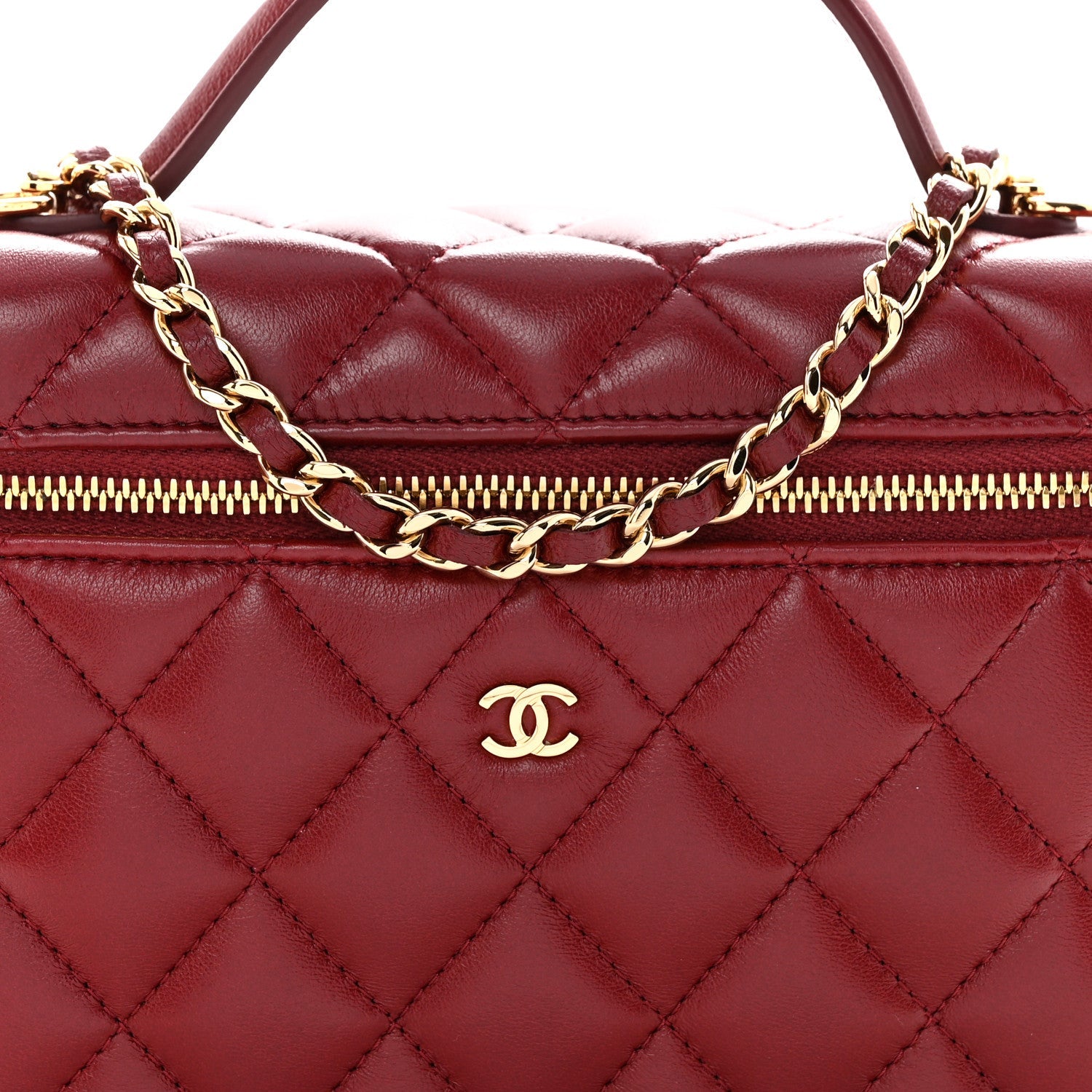 Lambskin Quilted Top Handle Slim Vanity With Chain Burgundy