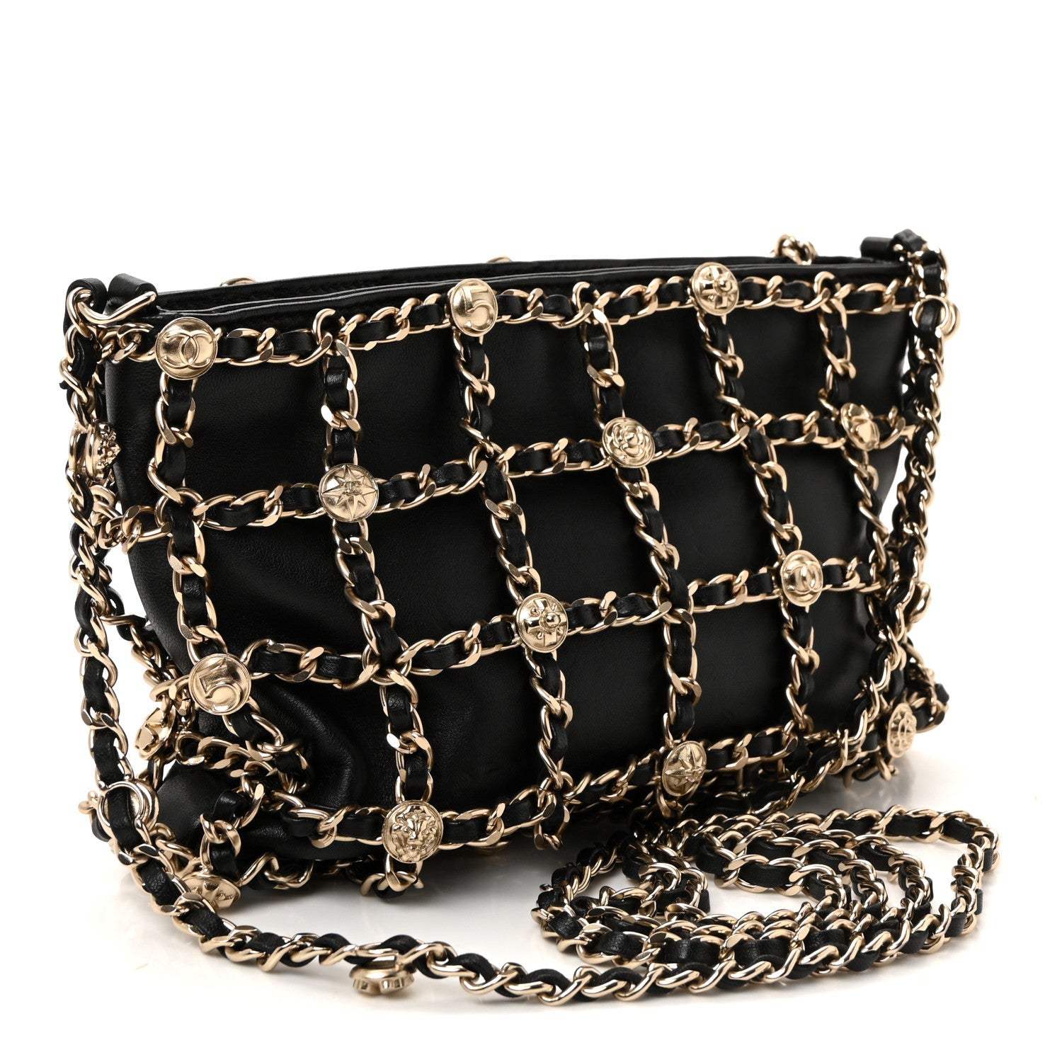 Lambskin Chain Frame Medallion Shoulder Bag Black