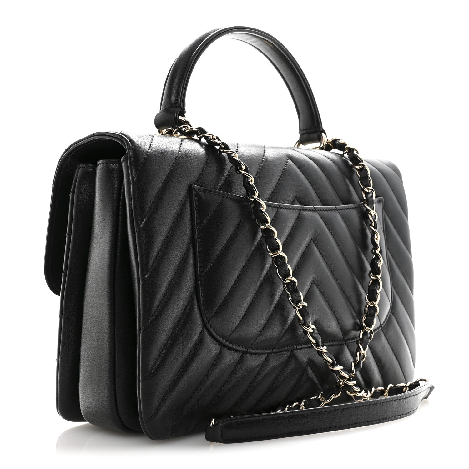 Lambskin Chevron Quilted Medium Trendy CC Dual Handle Flap Bag Black