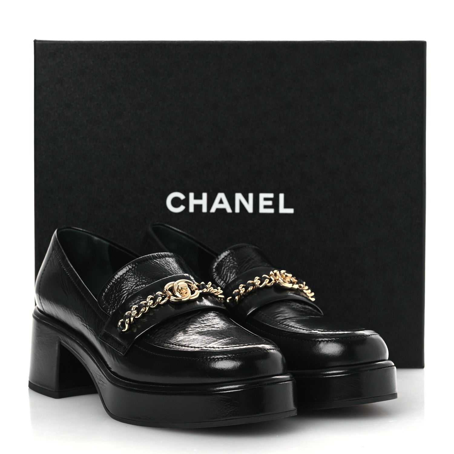 Shiny Calfskin Logo Loafers 38 Black