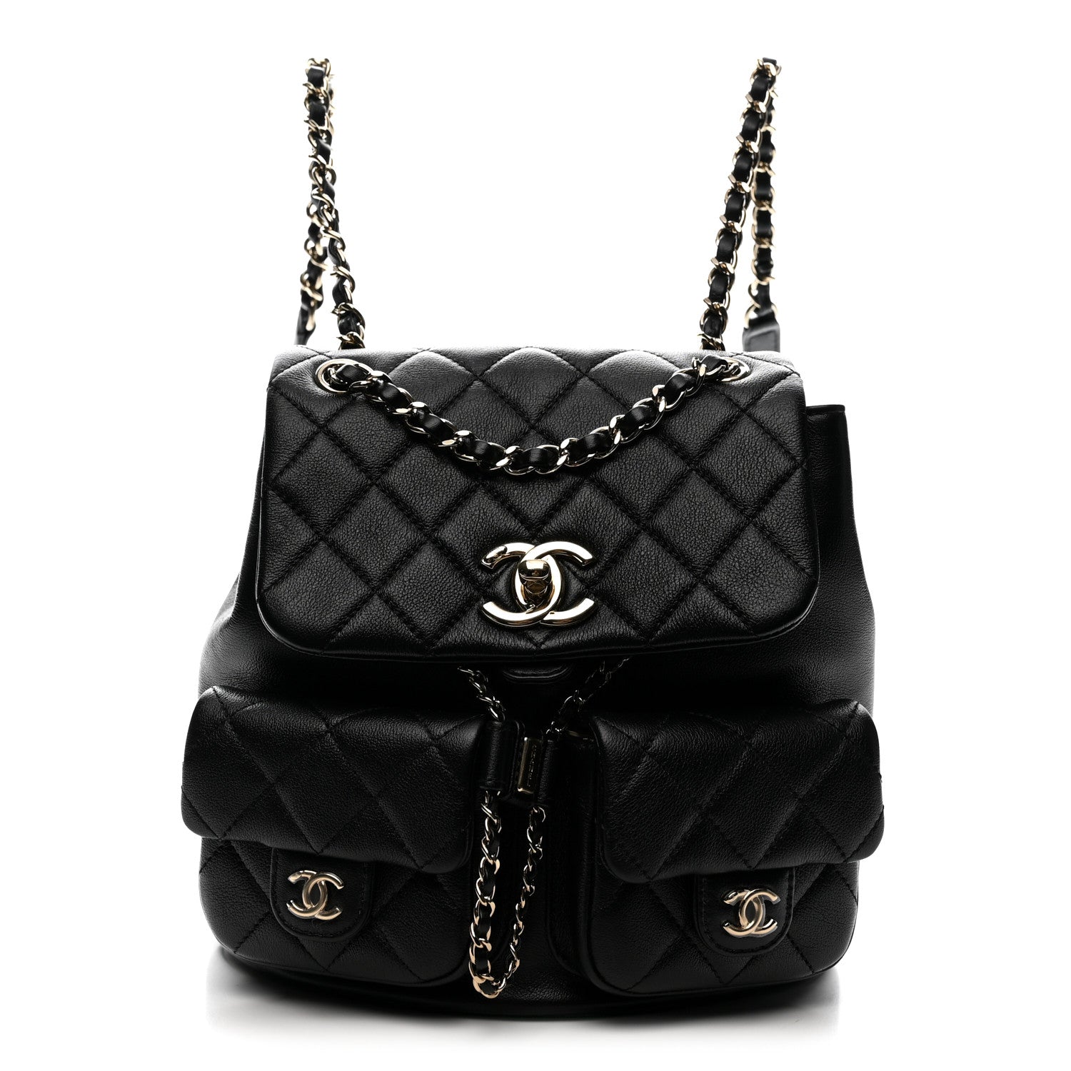 Shiny Caviar Quilted Medium Duma Pockets Drawstring Backpack Black