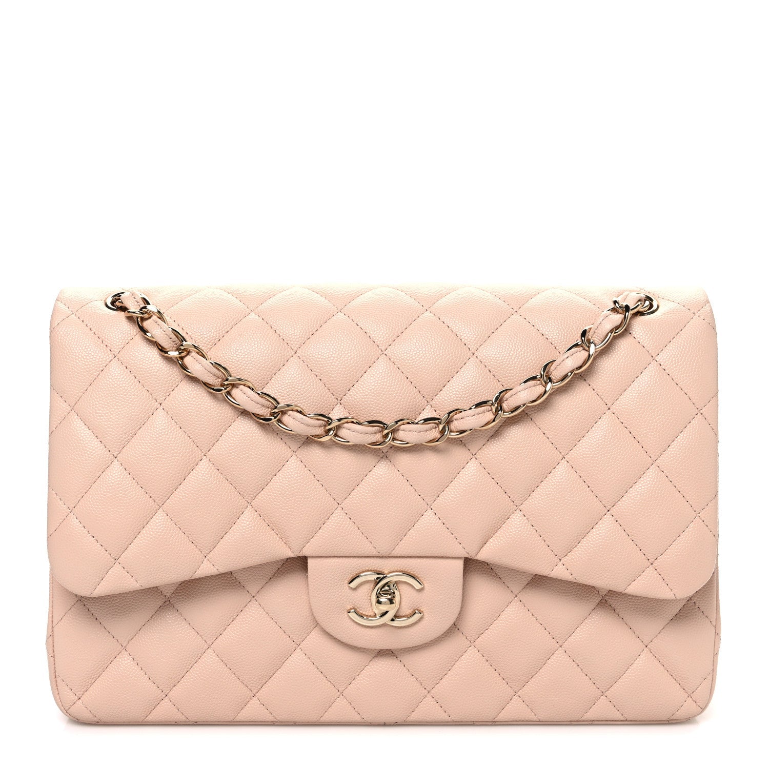 Caviar Quilted Jumbo Double Flap Light Beige