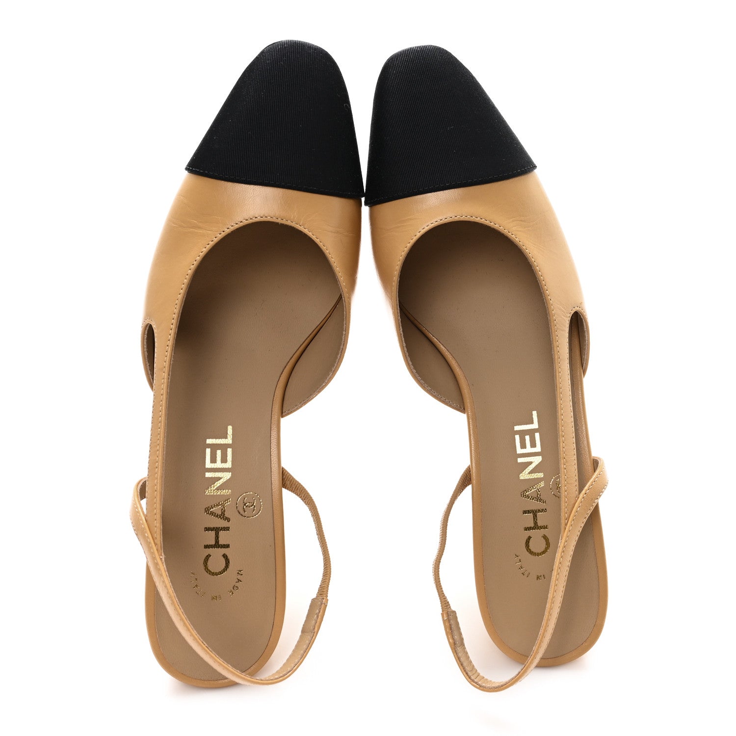 Lambskin Grosgrain Cap Toe CC Slingback Pumps 36 Beige Black