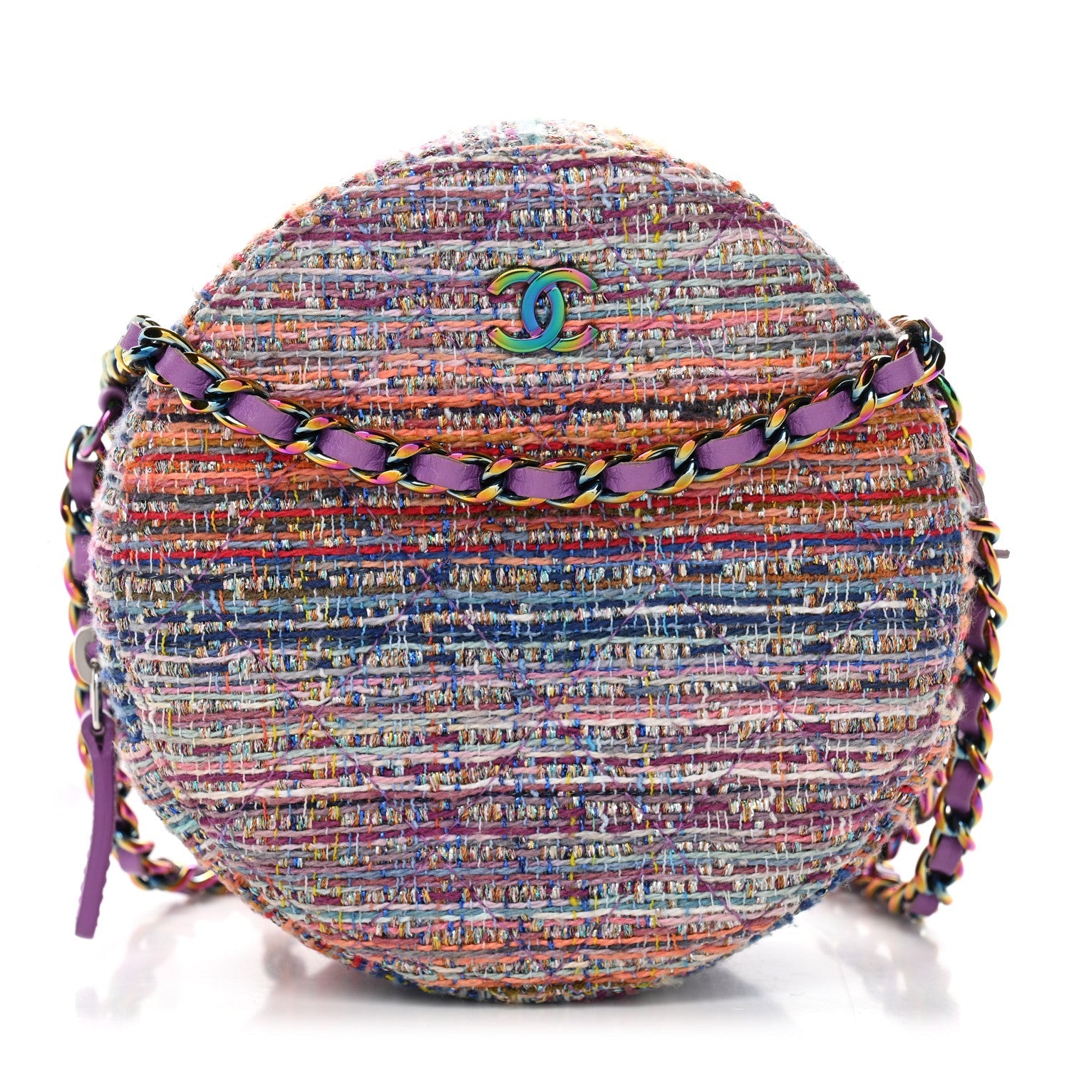 Tweed Quilted Round Clutch With Chain Blue Pink Orange