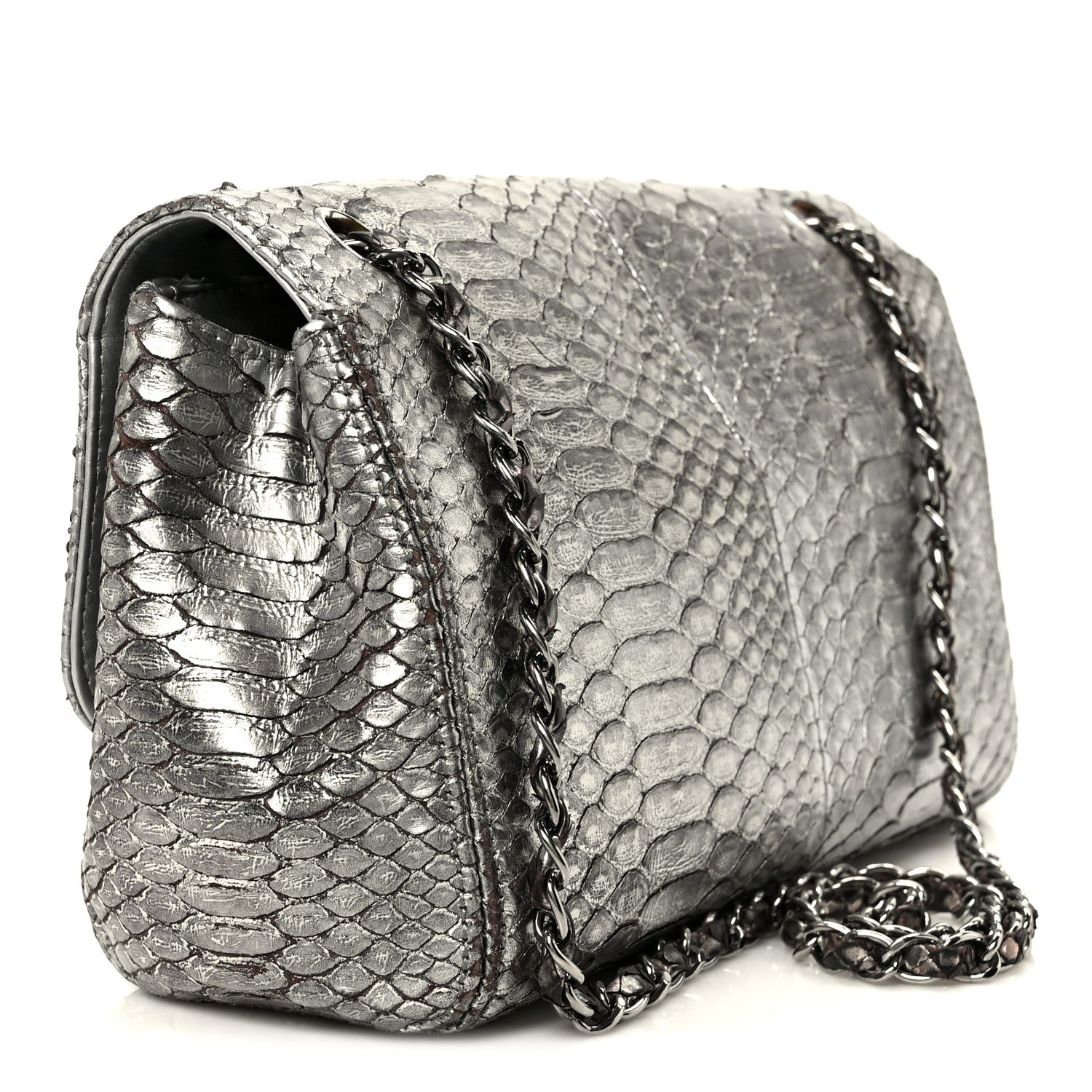 Metallic Snakeskin Medium Single Flap Silver