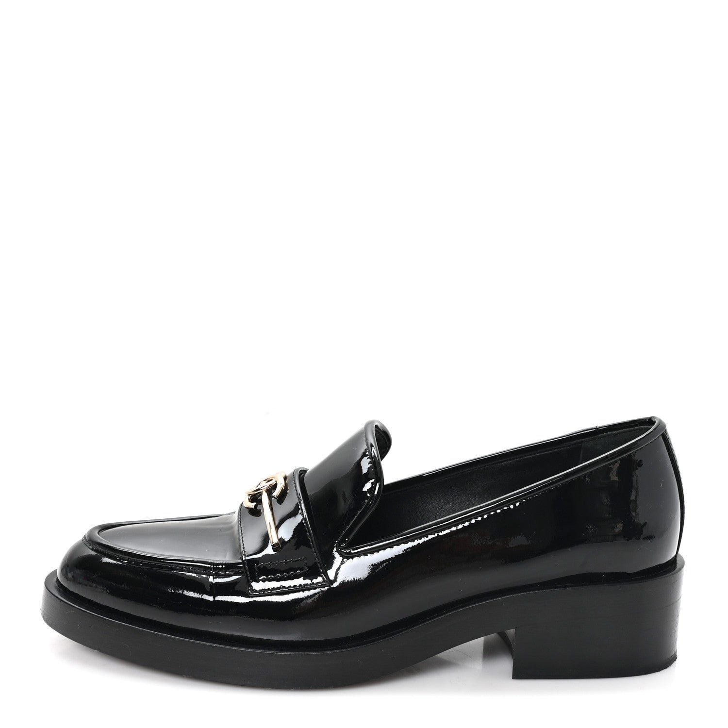 Patent Calfskin Metal CC Mocassin Loafers 38.5 Black