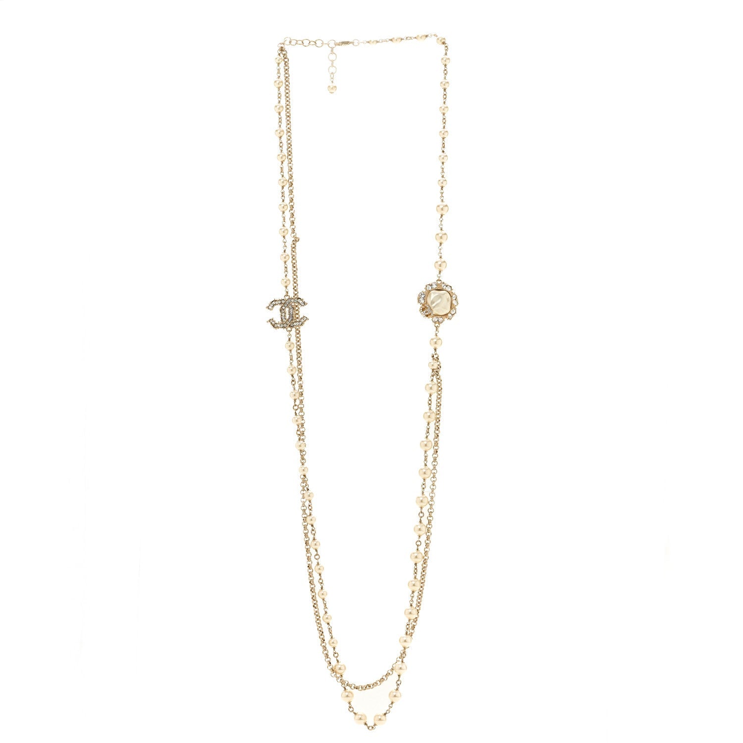 Pearl Crystal CC Camellia Express Long Necklace Gold