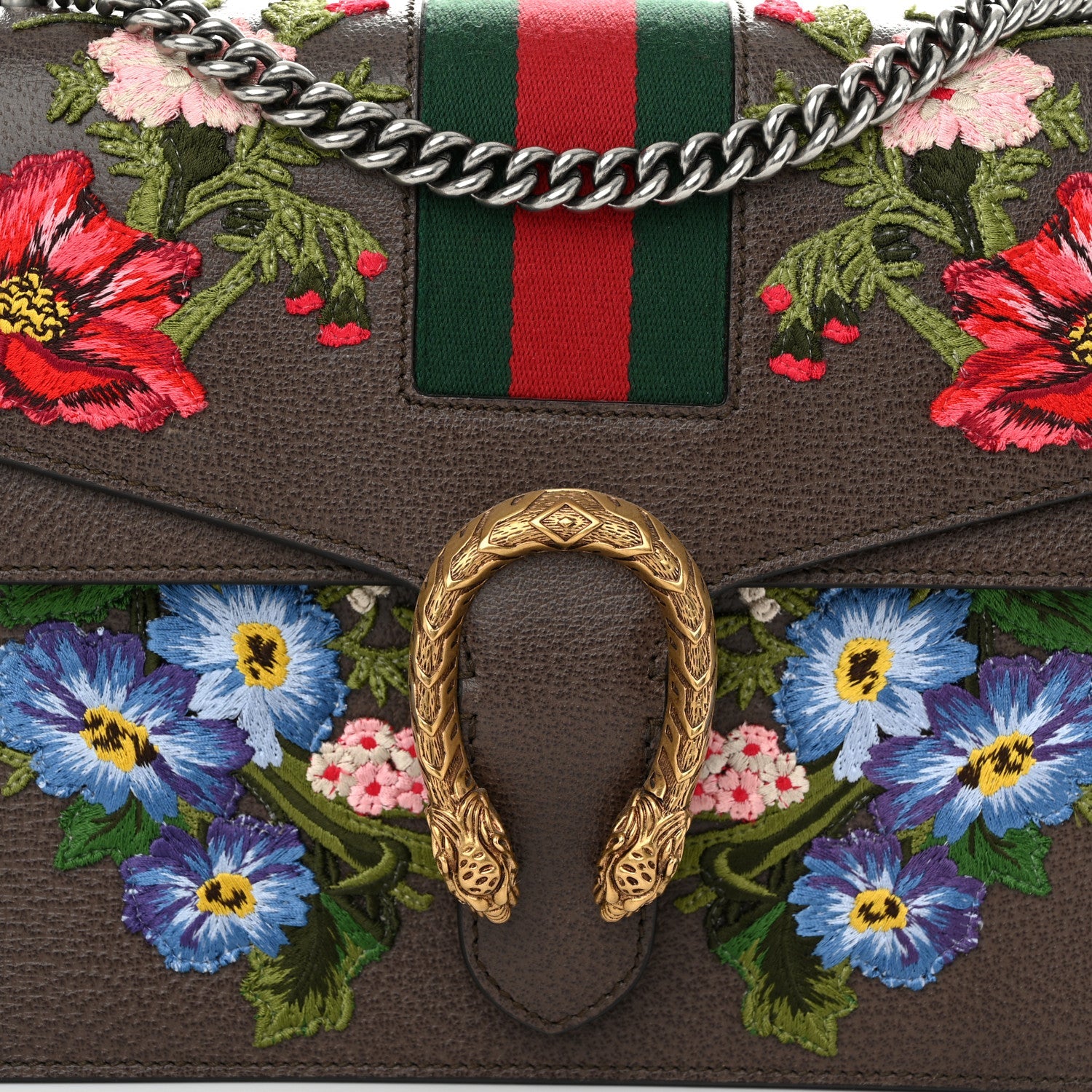 Calfskin Web Floral Embroidered Medium Dionysus Shoulder Bag New Acero