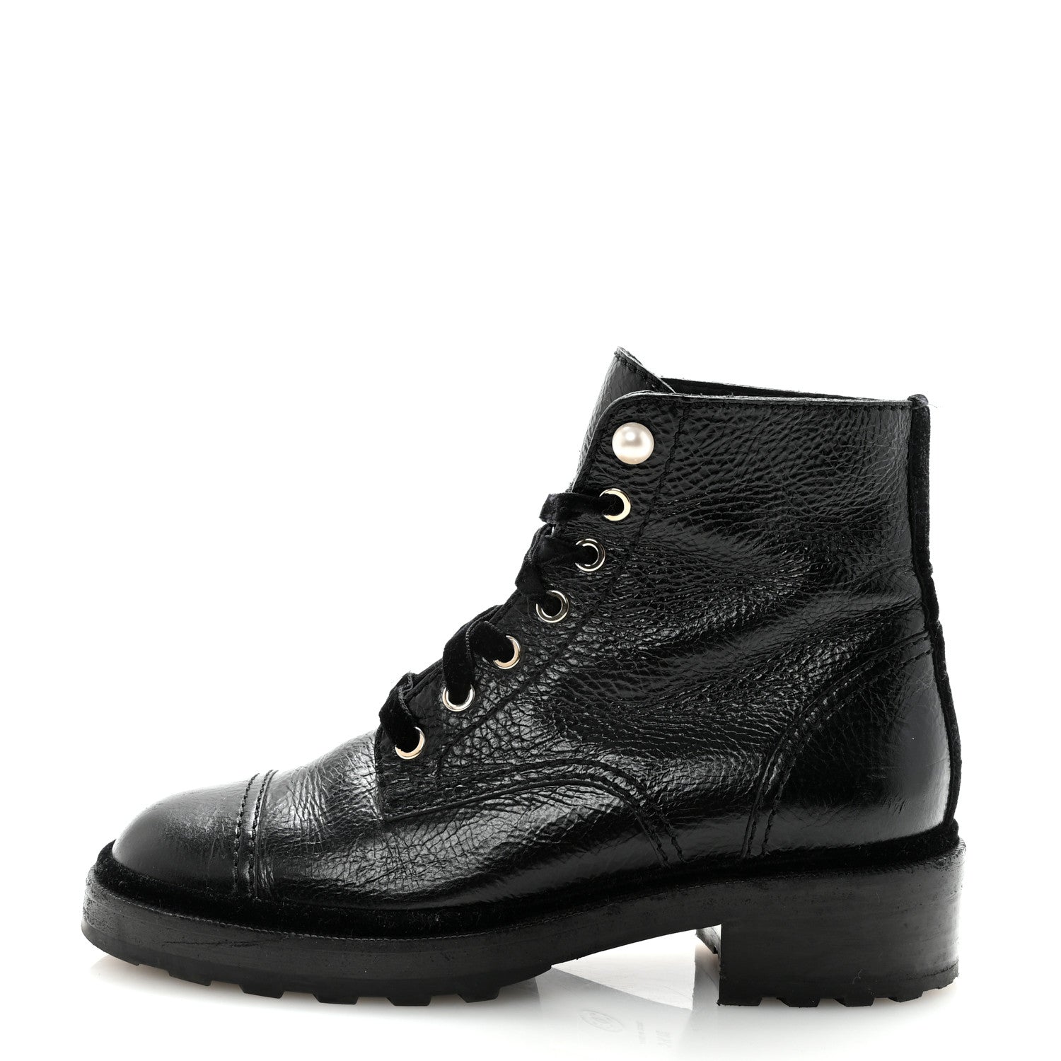 Shiny Calfskin Velvet Pearl Combat Short Boots 38.5 Black