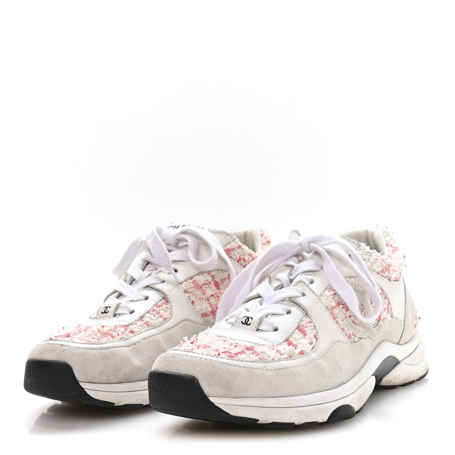 Tweed Suede Calfskin Womens CC Sneakers 39.5 Ecru Pink Red White