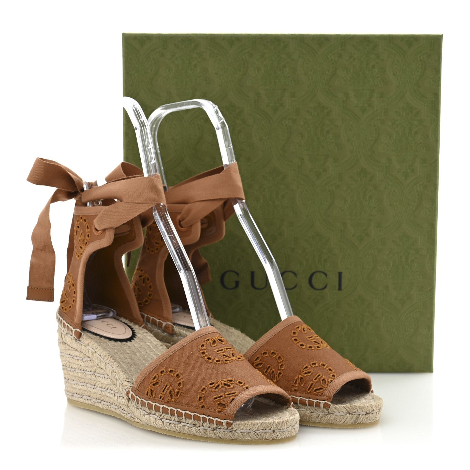 Canvas Damita GG Eyelet Espadrille Wedge Sandals 37.5 Blondie Cognac