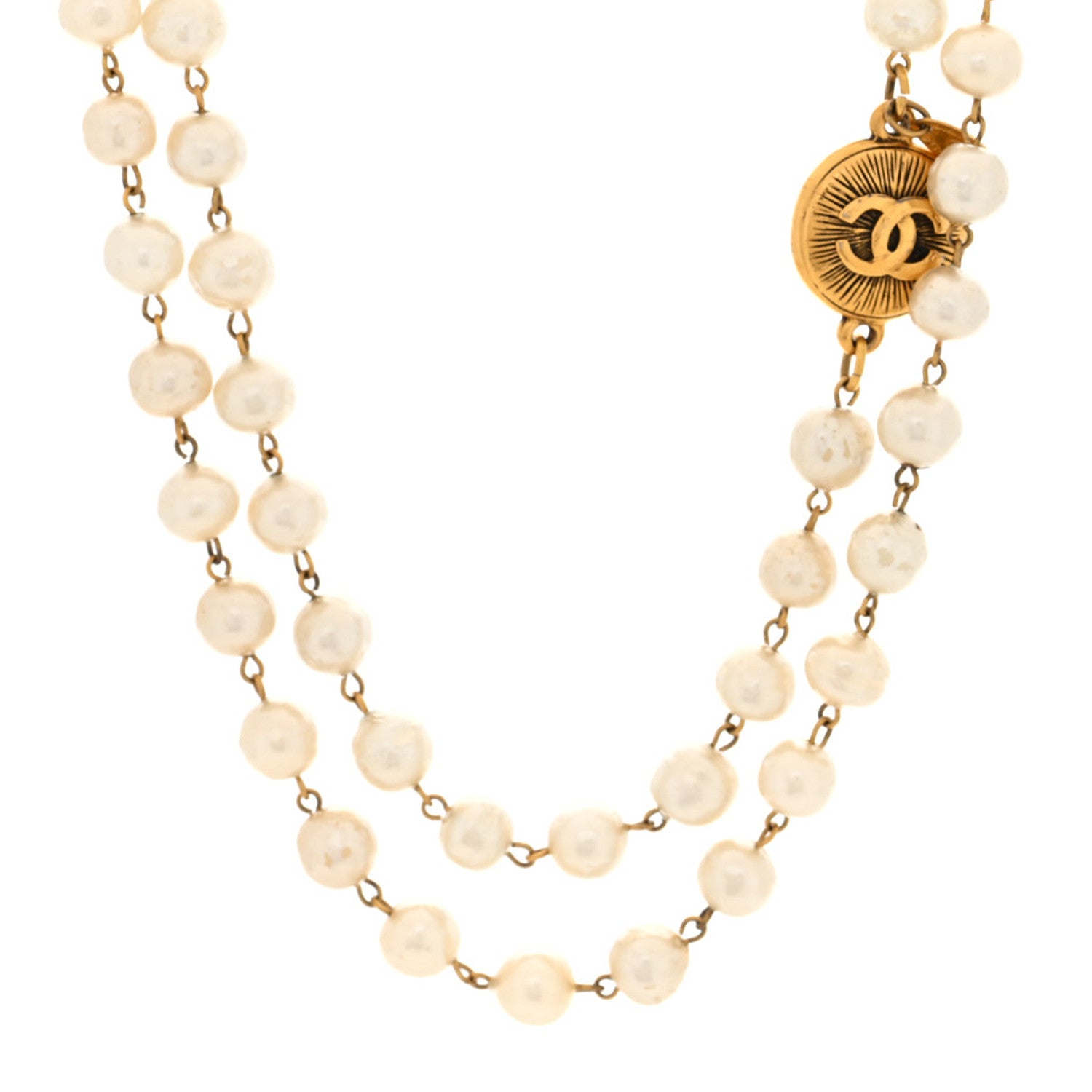 Metal Pearl CC Long Strand Necklace Gold White